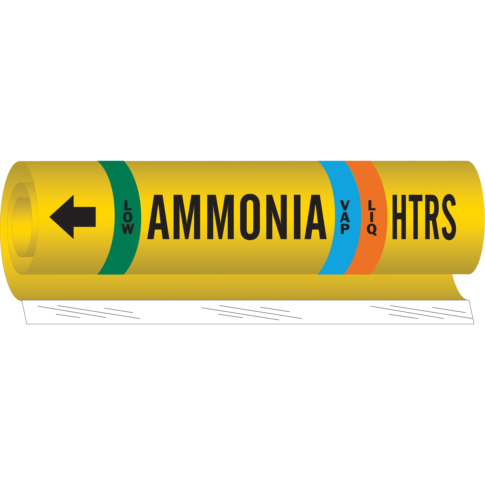 Marqueur pour tuyau «HTRS Liq/Vap Ammonia Low» pour l'ammoniac (IIAR), Enveloppant, 9" h x 8" la, Noir sur jaune