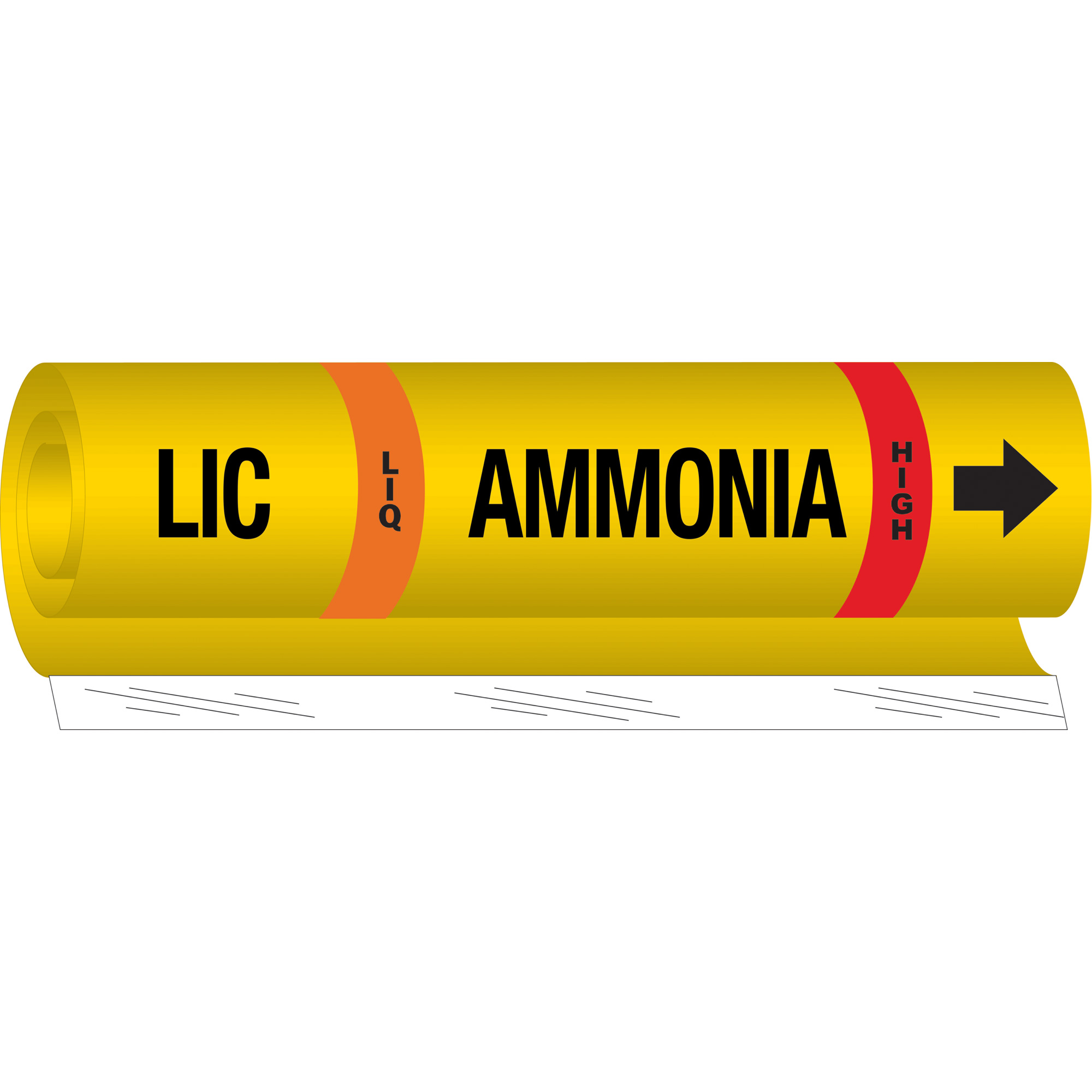 Marqueur pour tuyau «LIC Liq Ammonia High» pour l'ammoniac (IIAR), Enveloppant, 9" h x 8" la, Noir sur jaune