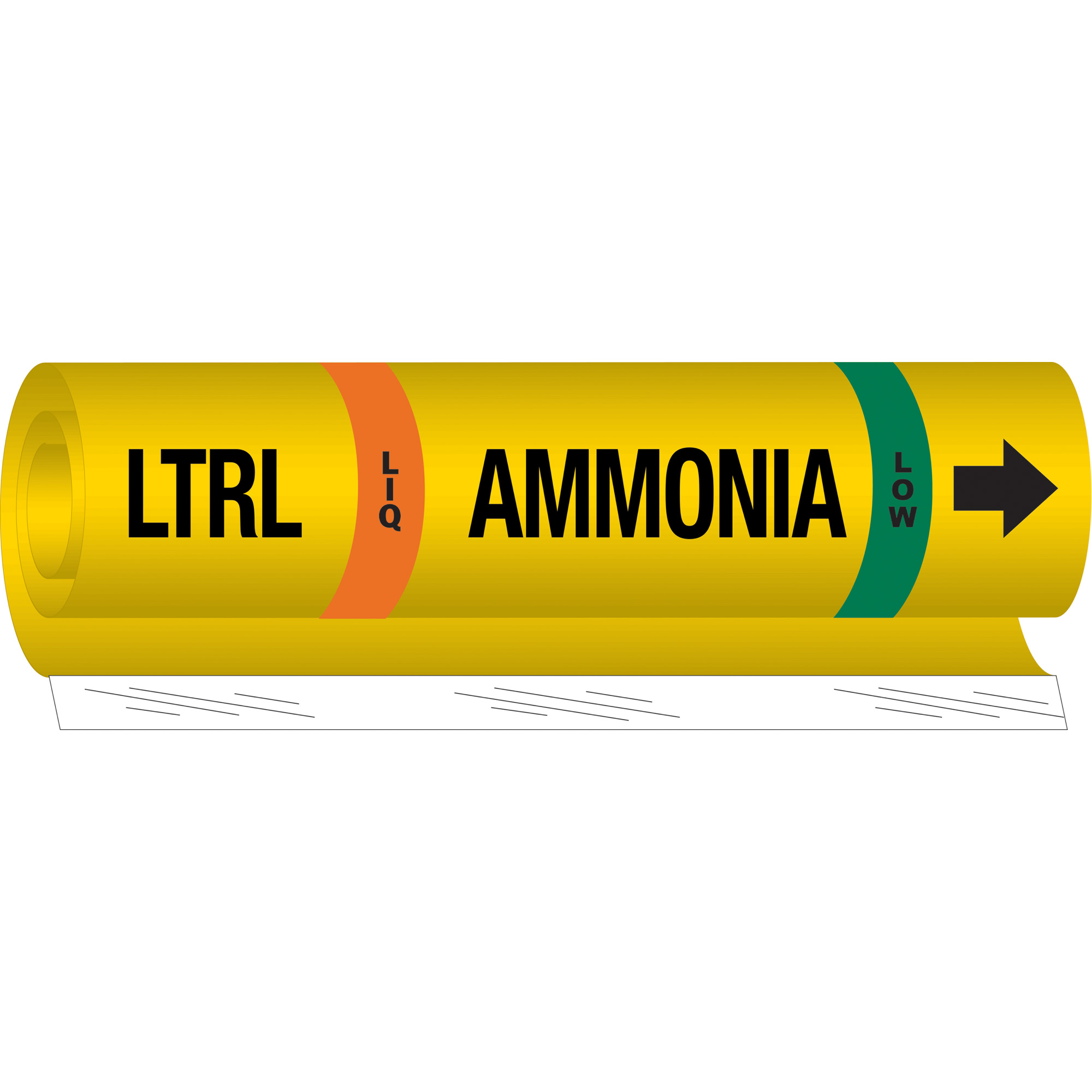 Marqueur pour tuyau «LTRL Liq Ammonia Low» pour l'ammoniac (IIAR), Enveloppant, 9" h x 8" la, Noir sur jaune