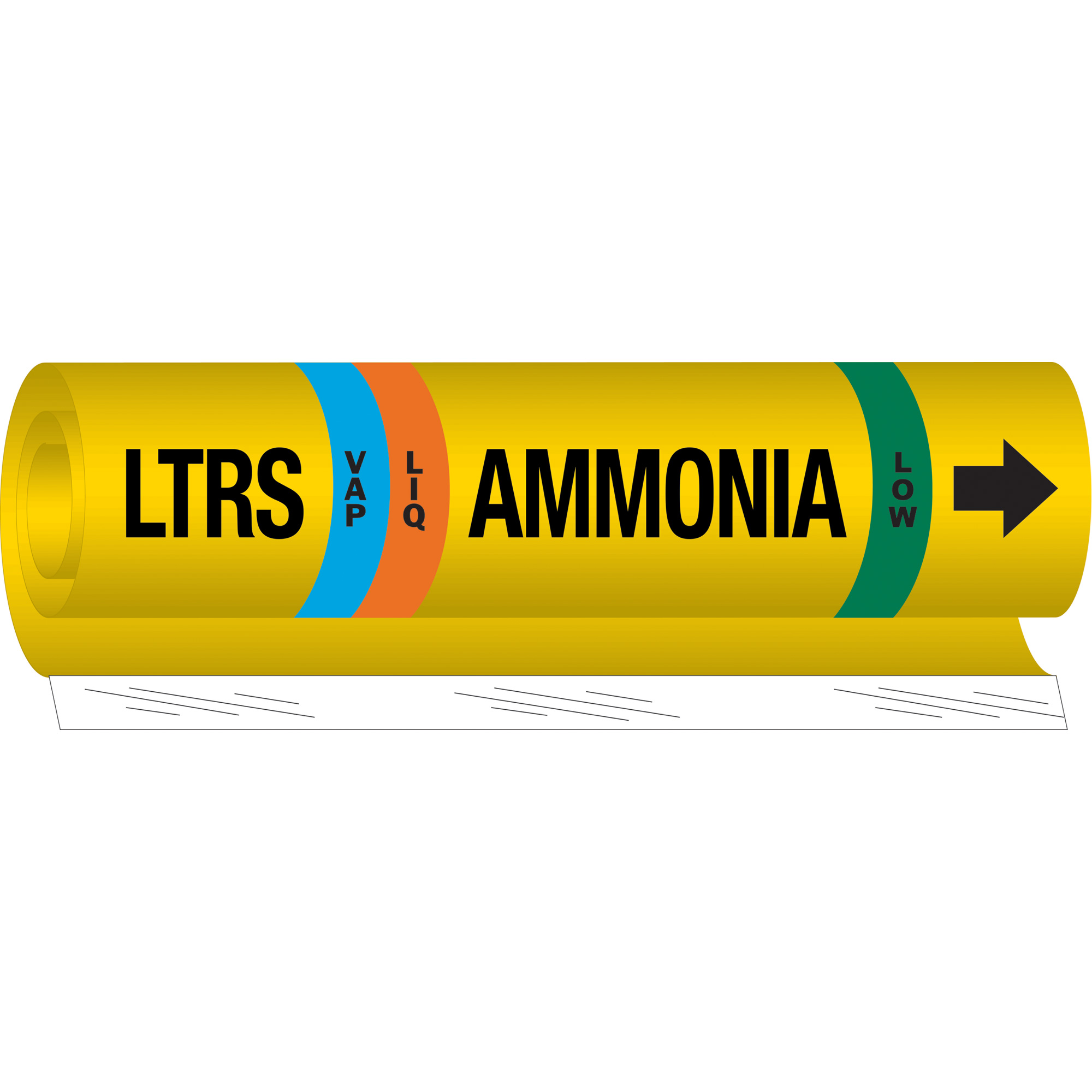 Marqueur pour tuyau «LTRS Liq/Vap Ammonia Low» pour l'ammoniac (IIAR), Enveloppant, 9" h x 8" la, Noir sur jaune