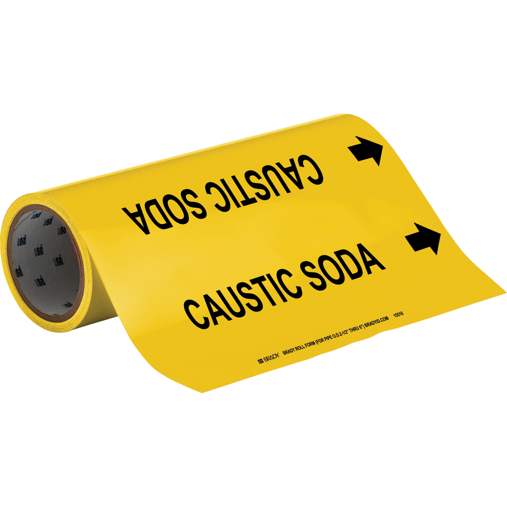 Marqueurs de tuyau à profil rond «Caustic Soda», Autocollant, Taillable h x 12" la, Noir sur jaune
