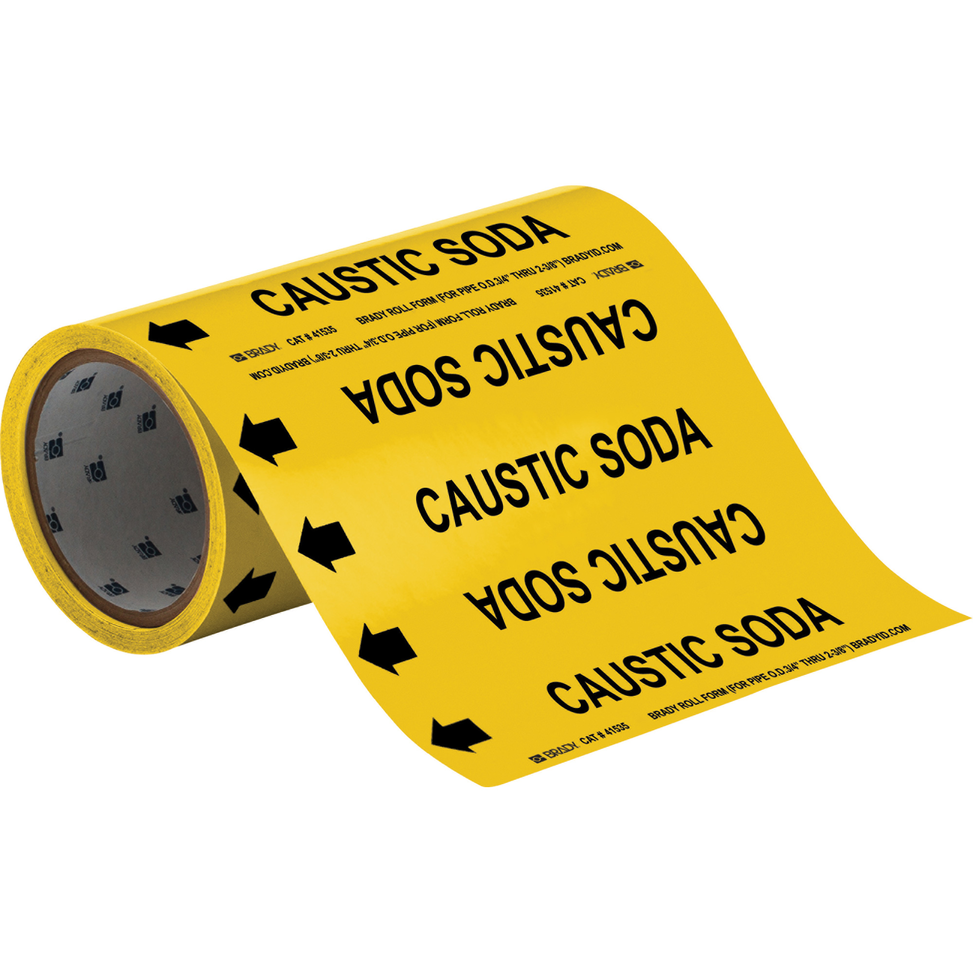 Marqueurs de tuyau à profil rond «Caustic Soda», Autocollant, Taillable h x 8" la, Noir sur jaune