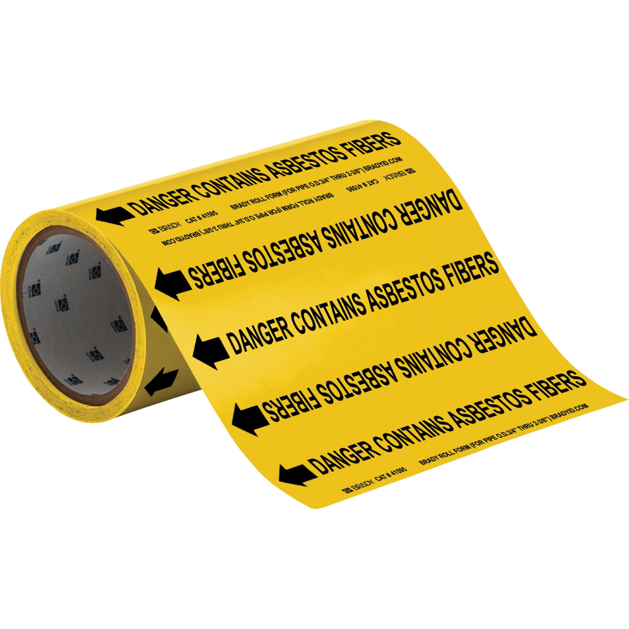 Marqueurs de tuyau à profil rond «Danger Contains Asbestos Fiber», Autocollant, Taillable h x 8" la, Noir sur jaune
