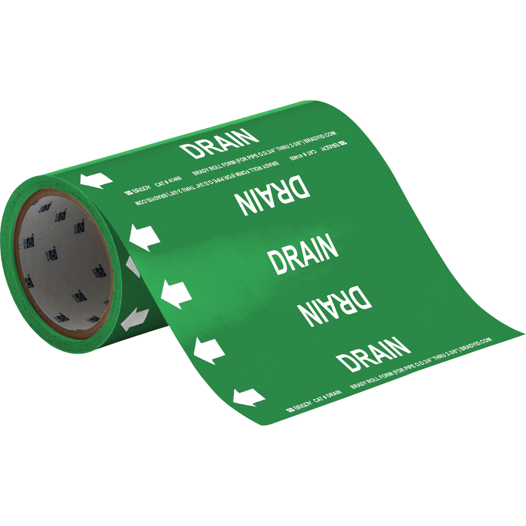 Marqueurs de tuyau à profil rond «Drain», Autocollant, Taillable h x 8" la, Blanc/vert