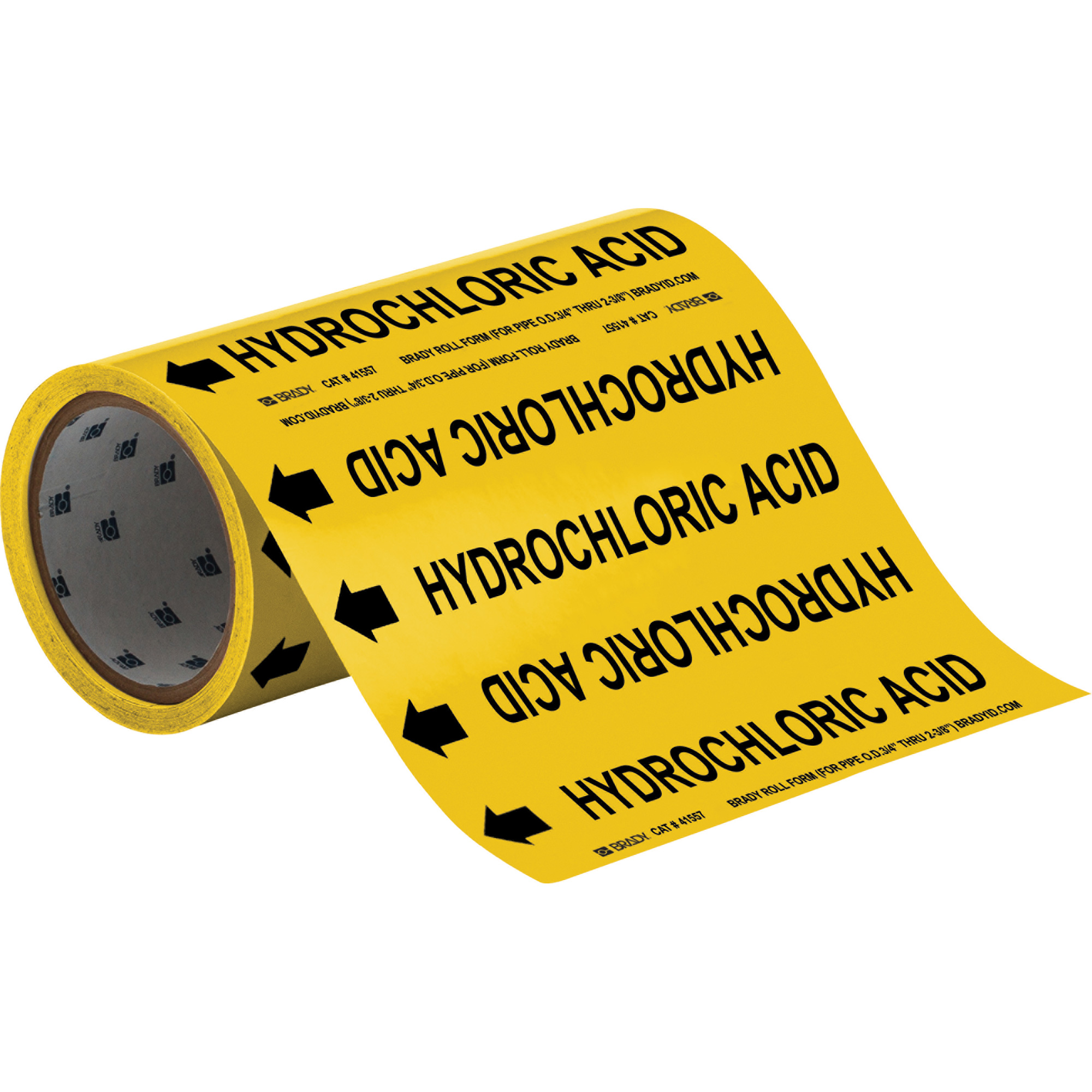 Marqueurs de tuyau à profil rond «Hydrochloric Acid», Autocollant, Taillable h x 8" la, Noir sur jaune