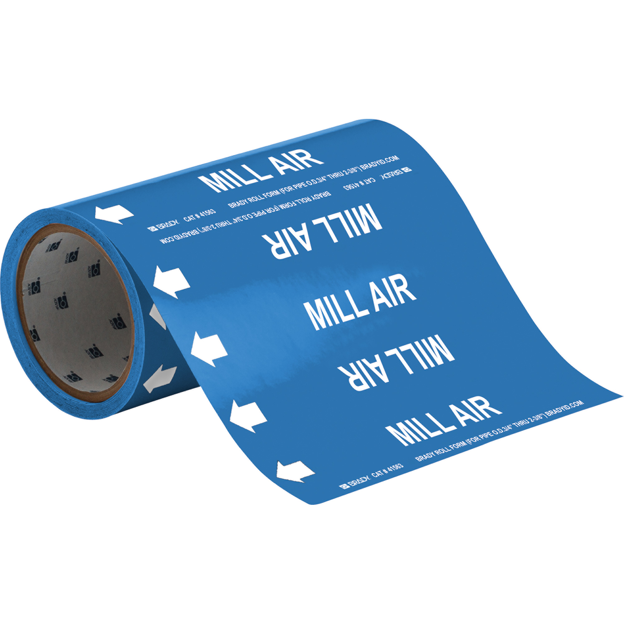 Marqueurs de tuyau à profil rond «Mill Air», Autocollant, Taillable h x 8" la, Blanc/bleu