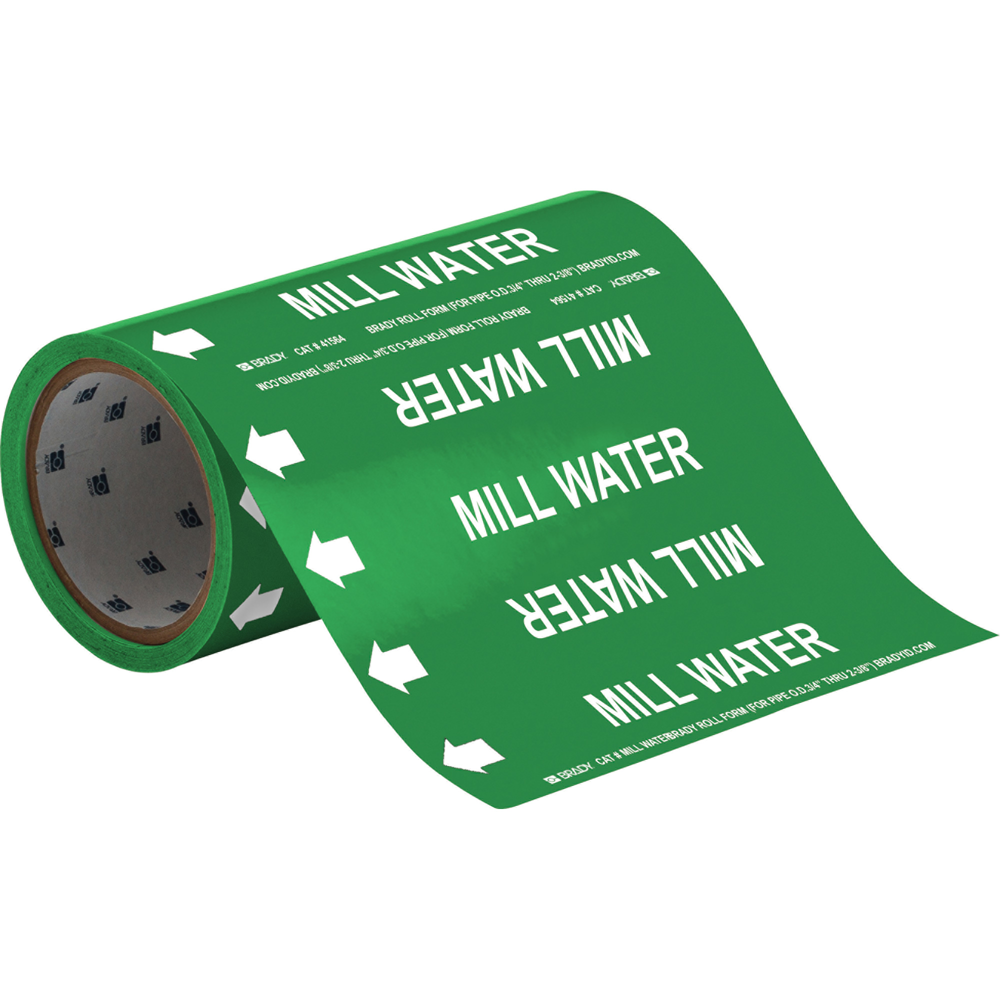 Marqueurs de tuyau à profil rond «Mill Water», Autocollant, Taillable h x 8" la, Blanc/vert