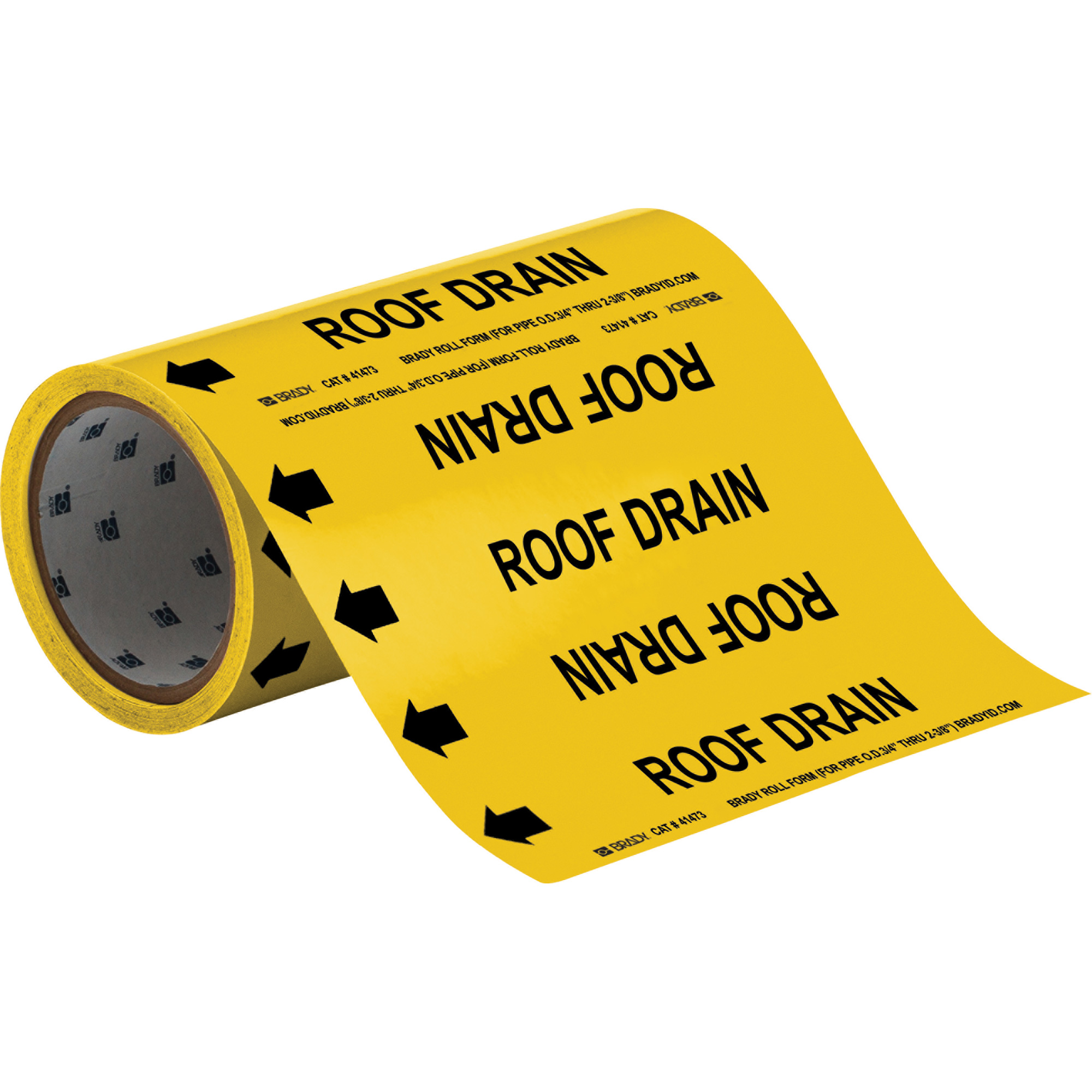 Marqueurs de tuyau à profil rond «Roof Drain», Autocollant, Taillable h x 8" la, Noir sur jaune