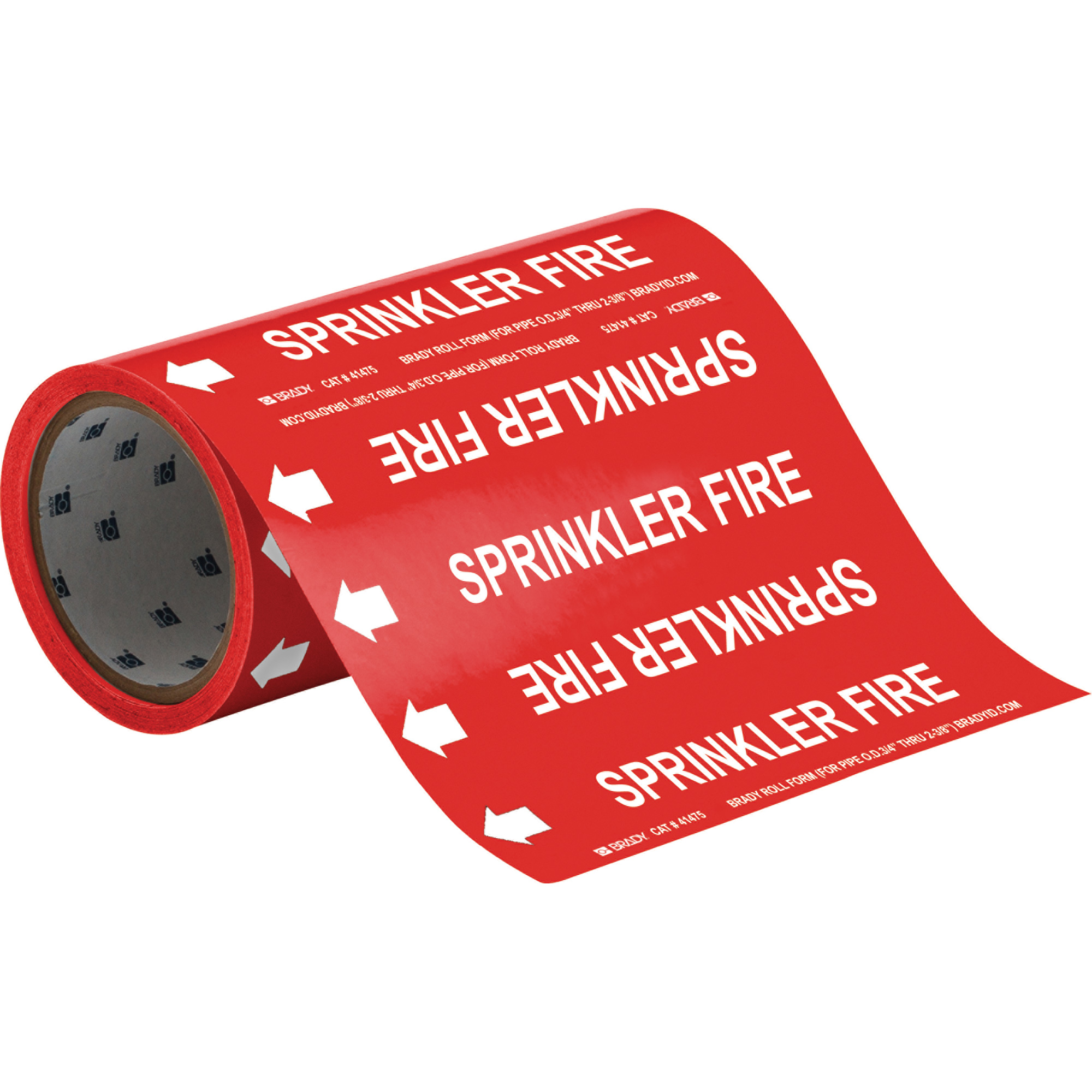 Marqueurs de tuyau à profil rond «Sprinkler Fire», Autocollant, Taillable h x 8" la, Blanc/rouge