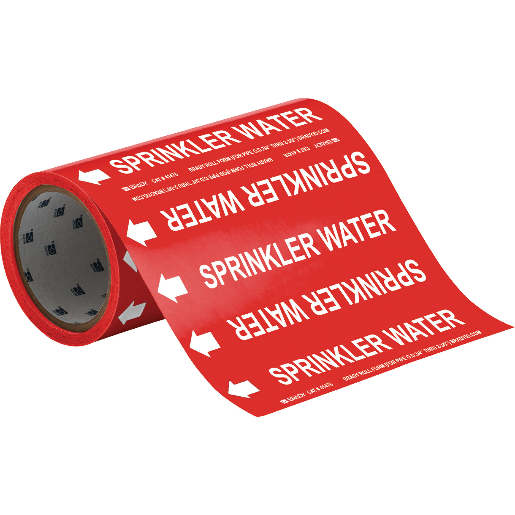 Marqueurs de tuyau à profil rond «Sprinkler Water», Autocollant, Taillable h x 8" la, Blanc/rouge