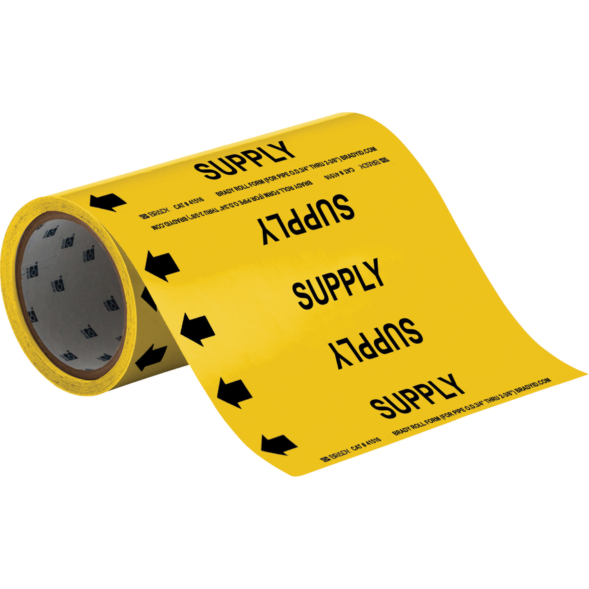 Marqueurs de tuyau à profil rond «Supply», Autocollant, Taillable h x 8" la, Noir sur jaune