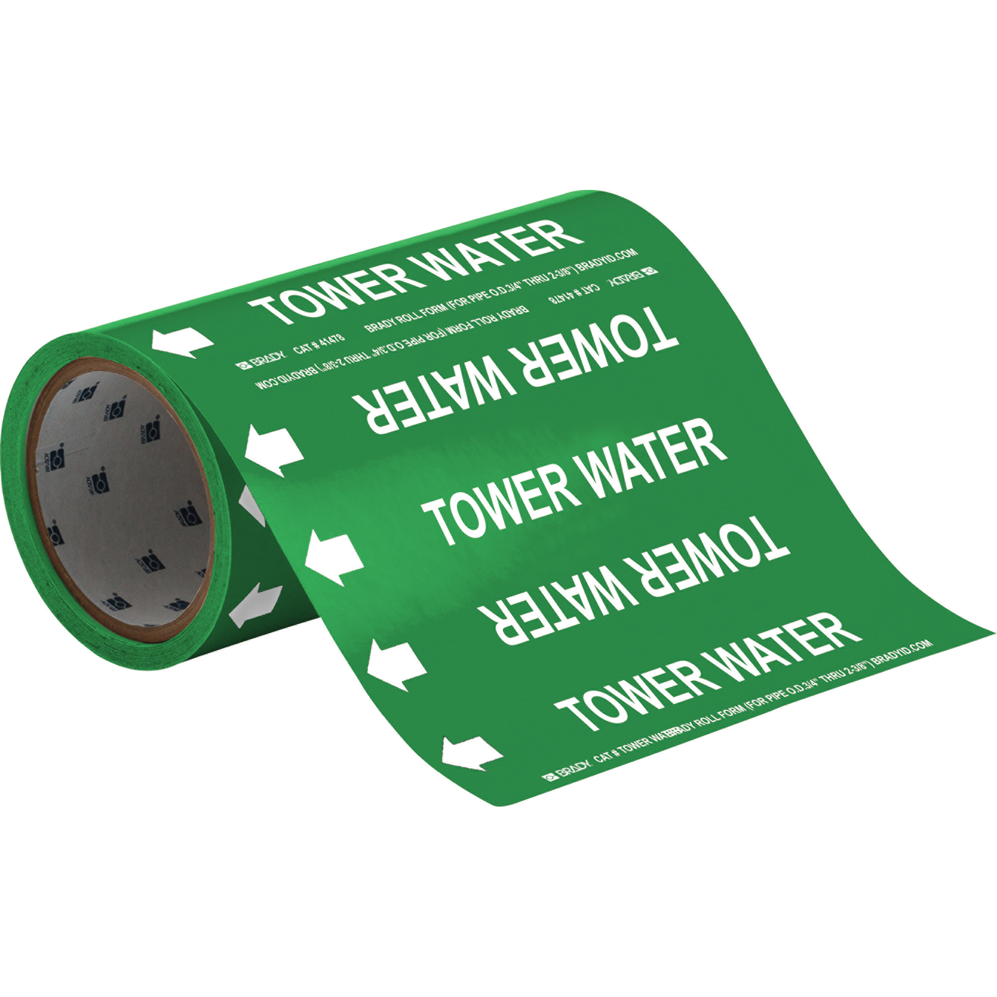 Marqueurs de tuyau à profil rond «Tower Water», Autocollant, Taillable h x 8" la, Blanc/vert