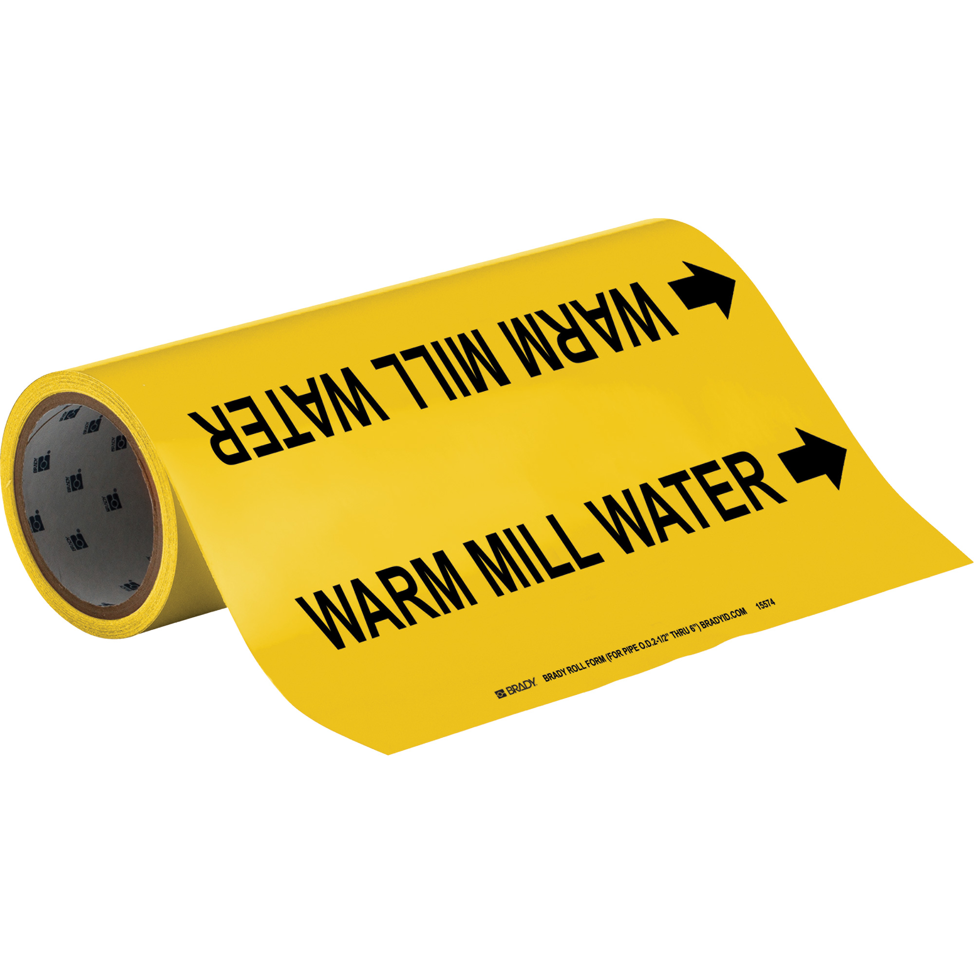 Marqueurs de tuyau à profil rond «Warm Mill Water», Autocollant, Taillable h x 12" la, Noir sur jaune