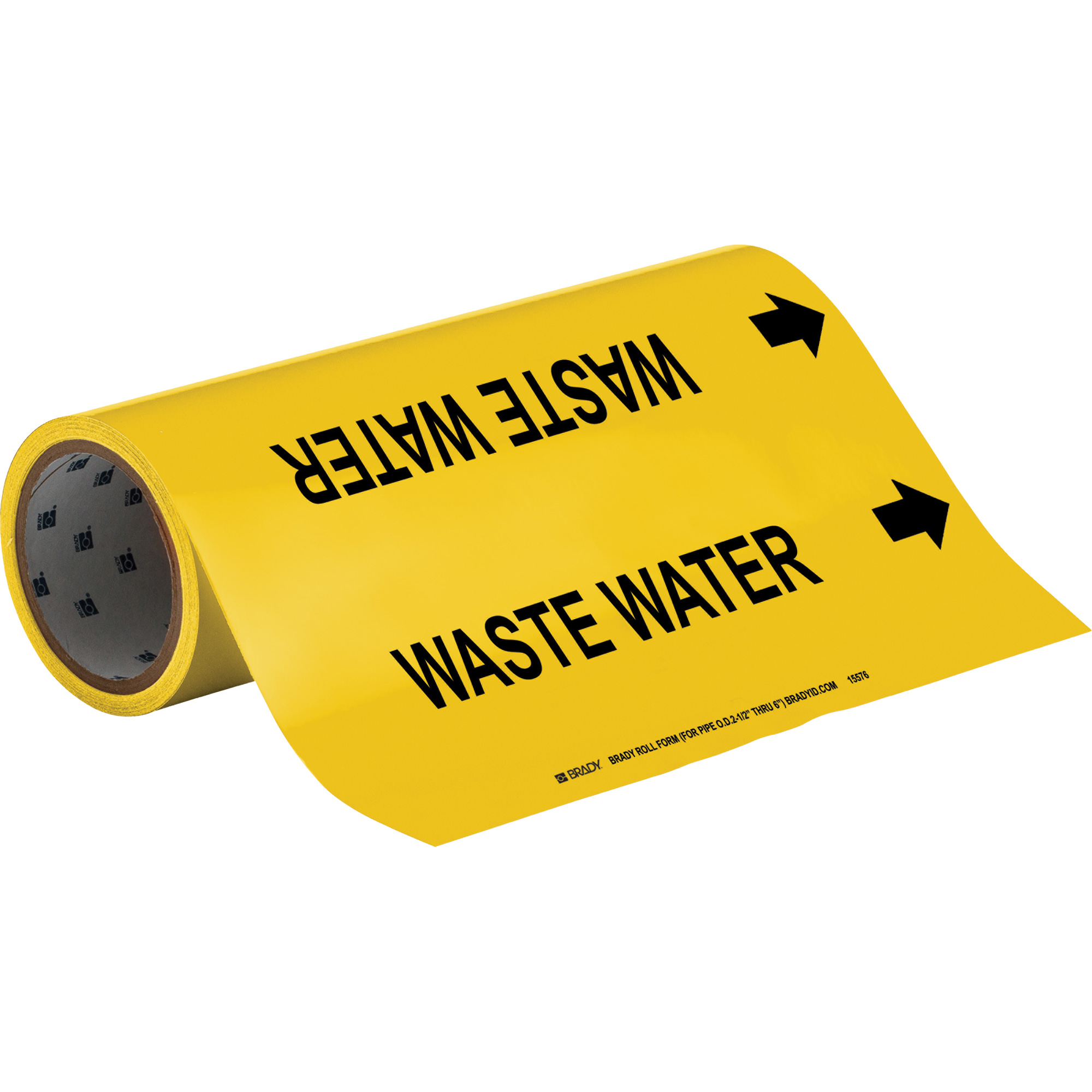 Marqueurs de tuyau à profil rond «Waste Water», Autocollant, Taillable h x 12" la, Noir sur jaune