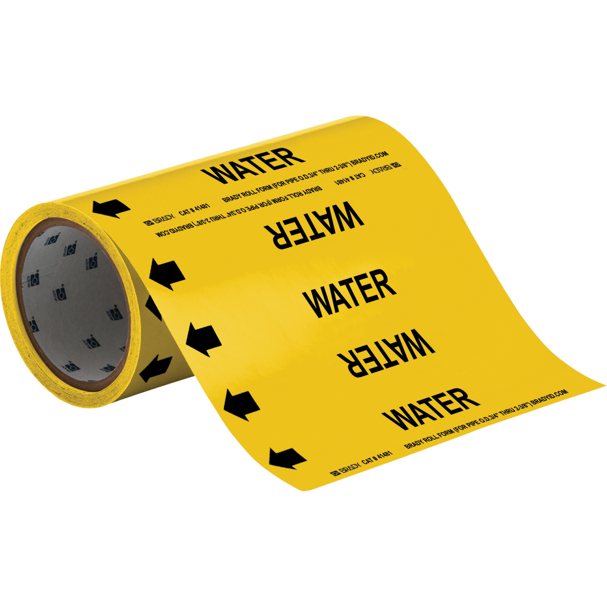 Marqueurs de tuyau à profil rond «Water», Autocollant, Taillable h x 8" la, Noir sur jaune