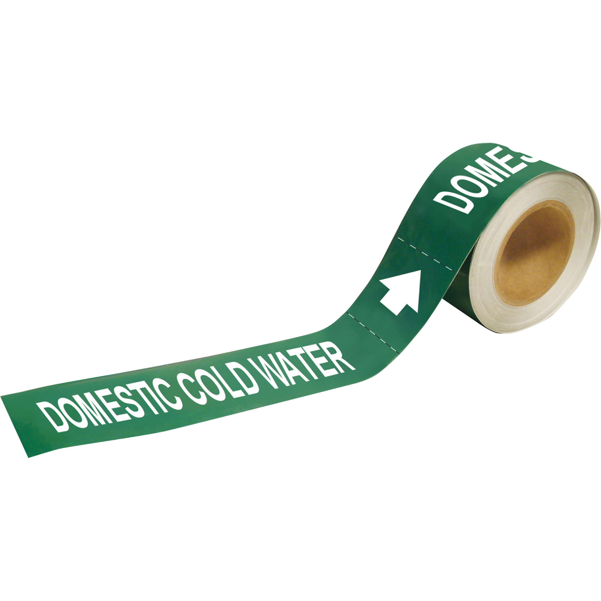 Marqueurs de tuyau «Domestic Cold Water», Autocollant, 1" h x 8" la, Blanc/vert