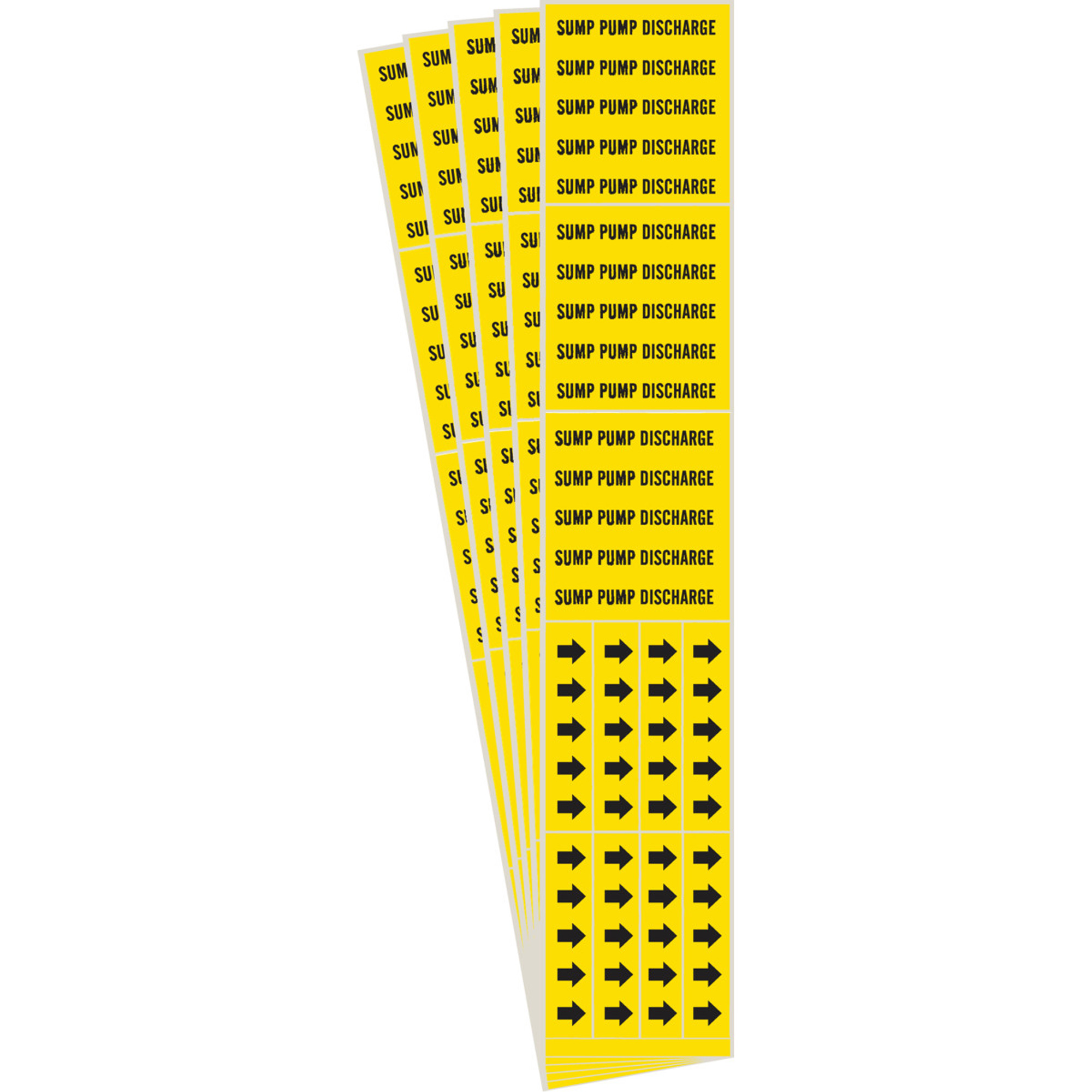 Marqueurs de tuyau «Sump Pump Discharge», Autocollant, 2-1/4" h x 2-3/4" la, Noir sur jaune