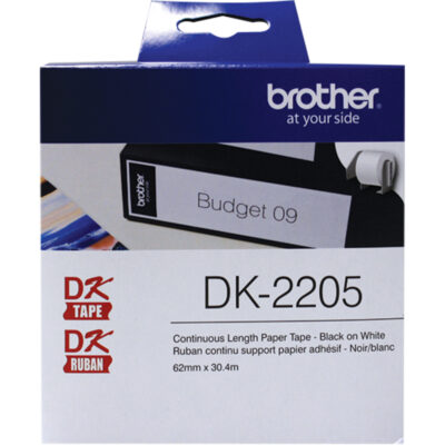 Ruban d'étiquettes à longueur continue de série DK, Papier, Noir sur blanc, Largeur de 2-1/2"