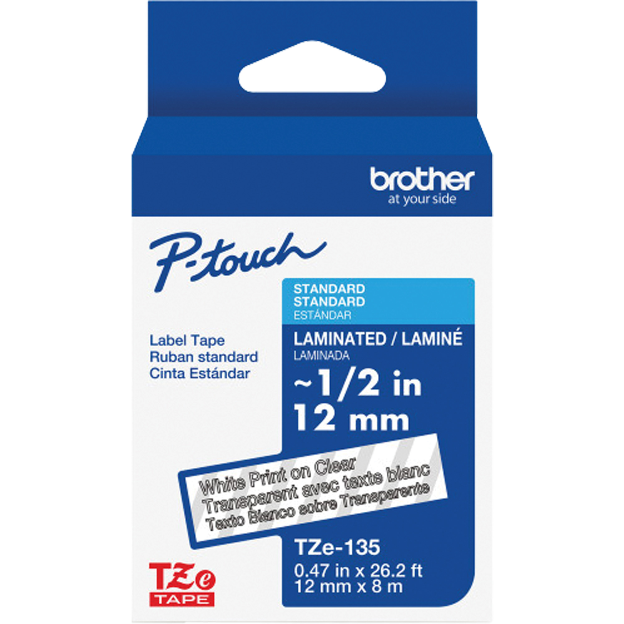 Ruban laminé pour P-TouchMD, 12 mm x 8 m, Blanc sur transparent