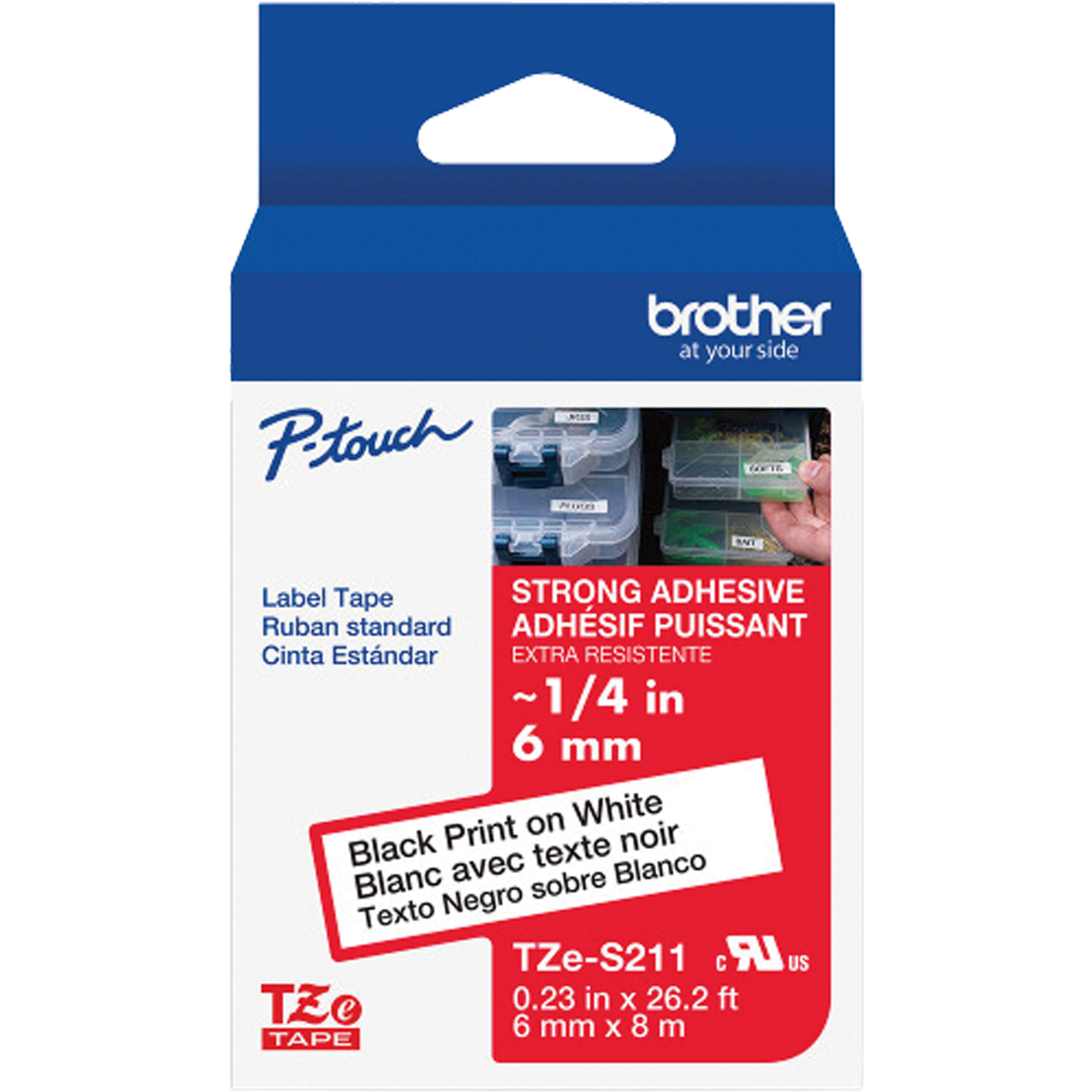 Ruban laminé très-résistant pour étiqueteuses P-Touch, 6 mm x 8 m, Noir sur blanc