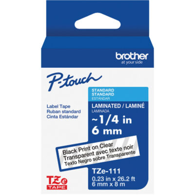 Ruban laminé TZe-111 pour étiqueteuses P-Touch compatibles avec les rubans TZe, Noir sur transparent, Largeur de 0,23"