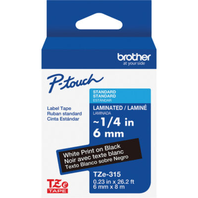 Ruban laminé TZe-315 pour étiqueteuses P-Touch compatibles avec les rubans TZe, Blanc sur noir, Largeur de 0,23"