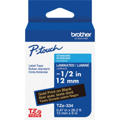 Ruban laminé TZe-334 pour étiqueteuses P-Touch compatibles avec les rubans TZe, Noir sur or, Largeur de 0,47"