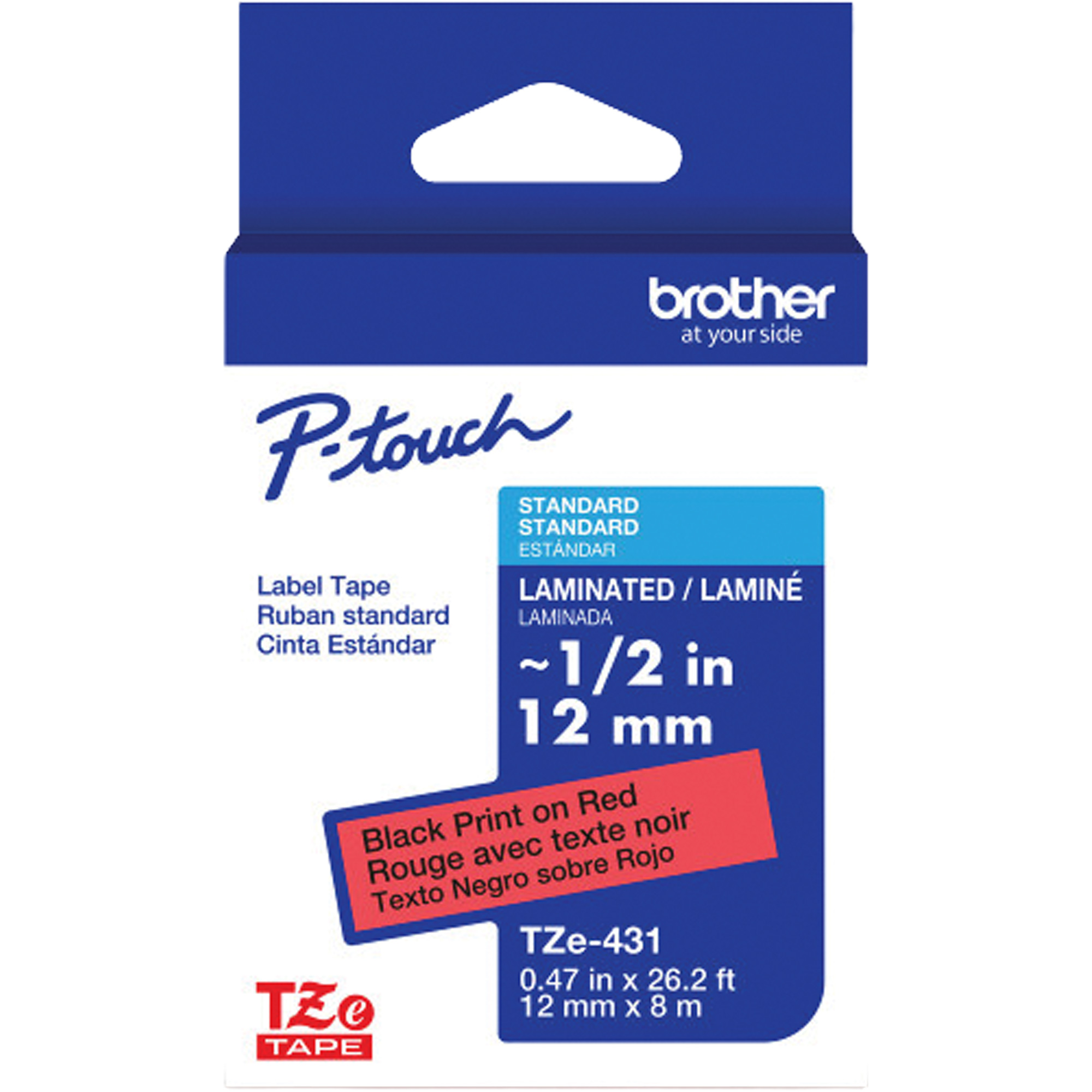 Ruban laminé TZe-431 pour étiqueteuses P-Touch compatibles avec les rubans TZe, 12 mm x 8 m, Noir/rouge