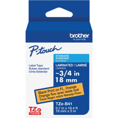 Ruban laminé TZe-B41 pour étiqueteuses P-Touch compatibles avec les rubans TZe, Noir sur orange fluorescent, Largeur de 0,7"