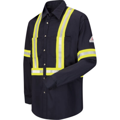 Chemise de travail avec bordure réfléchissante, Coton/nylon, 3T-Grand, Bleu marin
