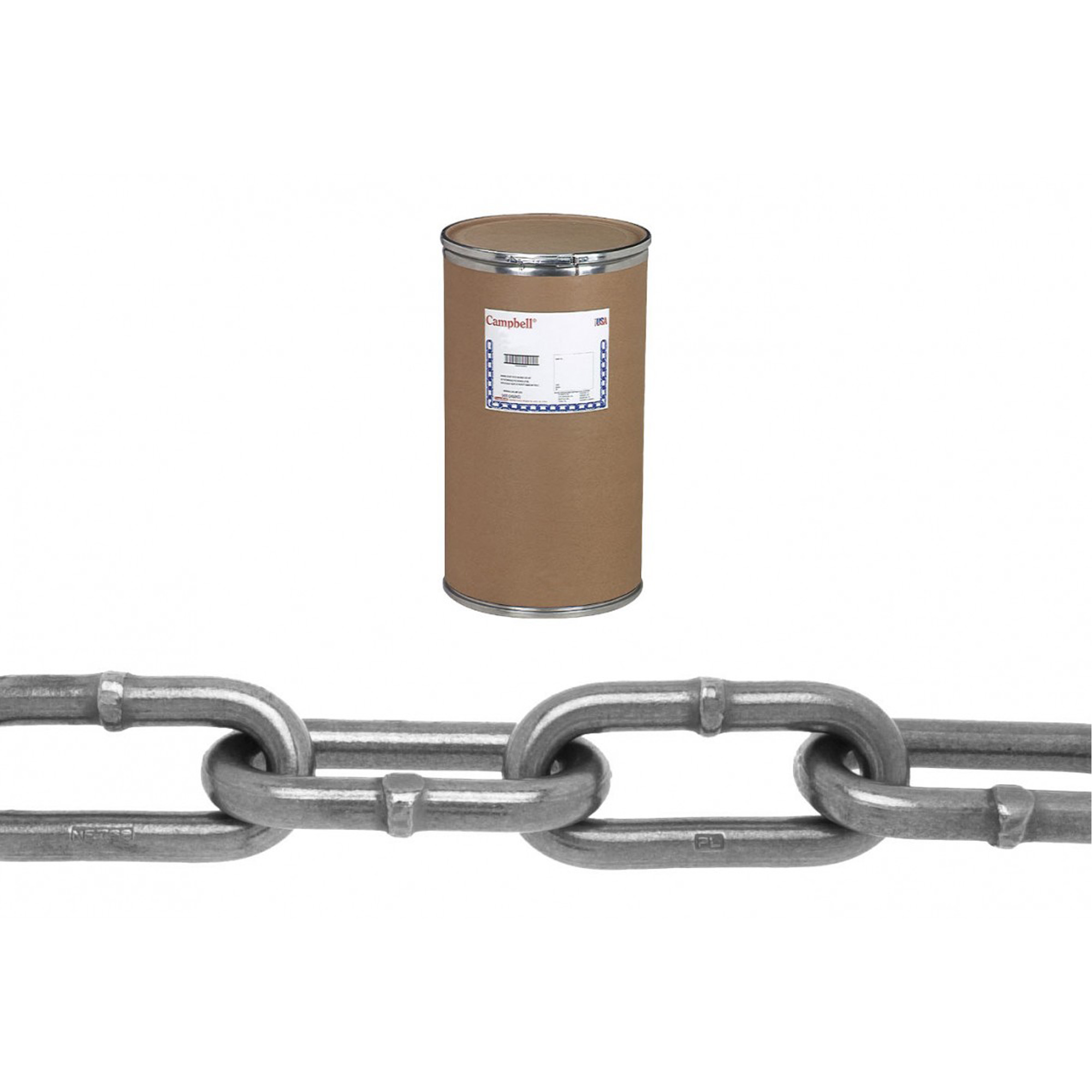 Chaîne à maillons longs pour chalutage, Acier allié traité à chaud, 1/2" x 300' (91,4 m) l, Calibre 80, Charge d'utilisation 12 000 lb (6 tonnes)