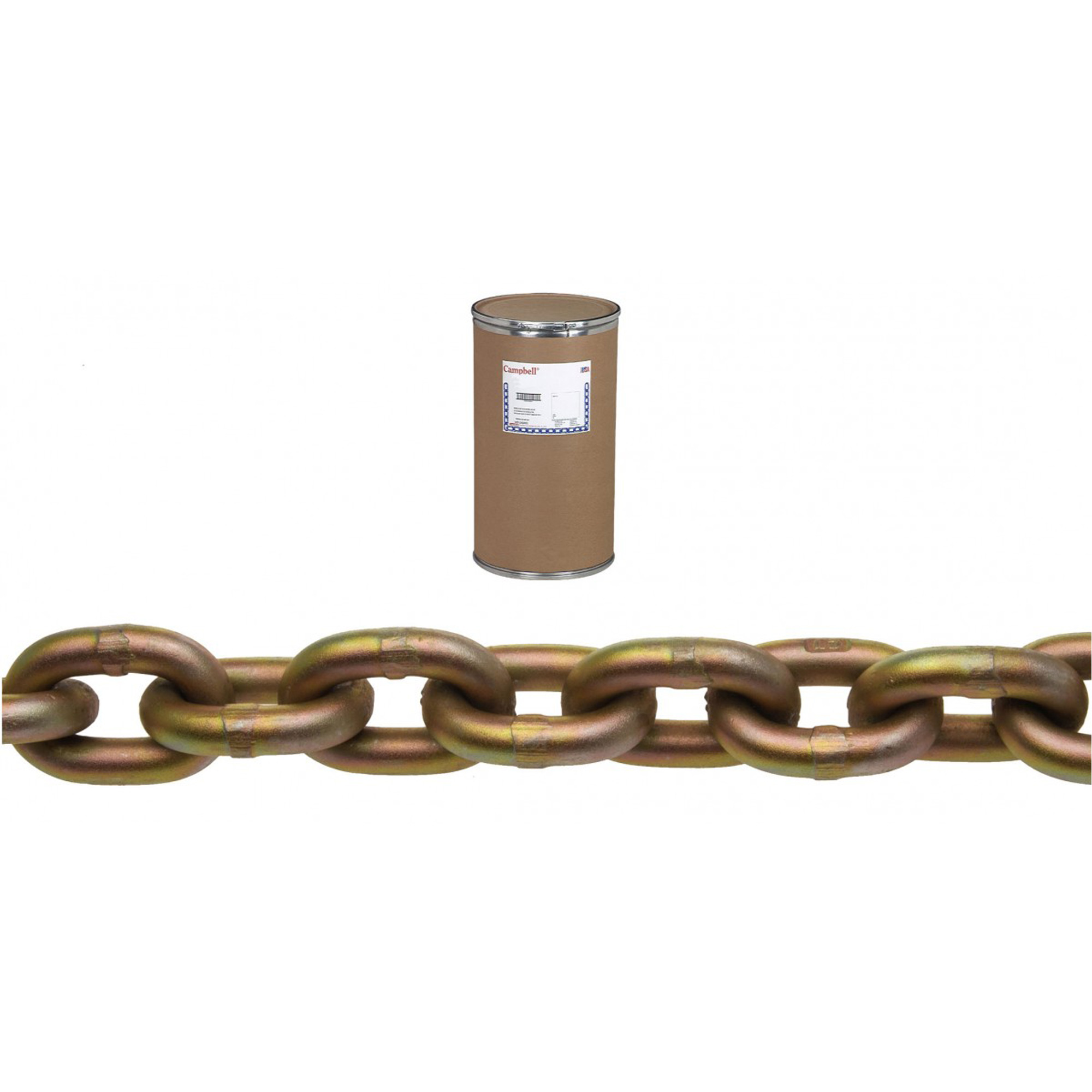 Chaîne de transport CampbellMD, Acier au carbone traité à chaud, 1/2" x 200' (60,96 m) l, Calibre 70, Charge d'utilisation 11 300 lb (5,65 tonne)