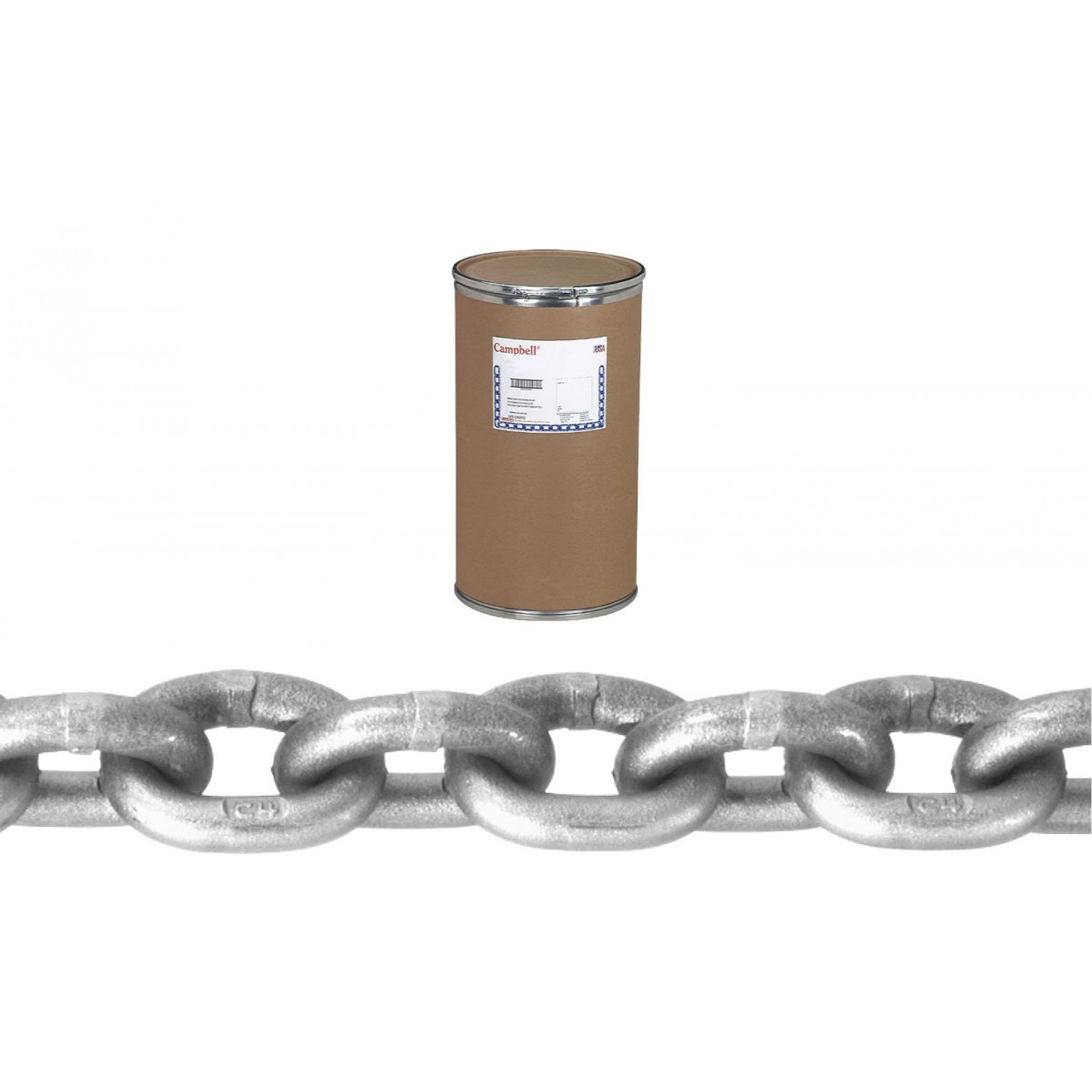Chaîne haute résistance, Acier au carbone, 1/2" x 200' (60,96 m) l, Calibre 43, Charge d'utilisation 9200 lb (4,6 tonnes)