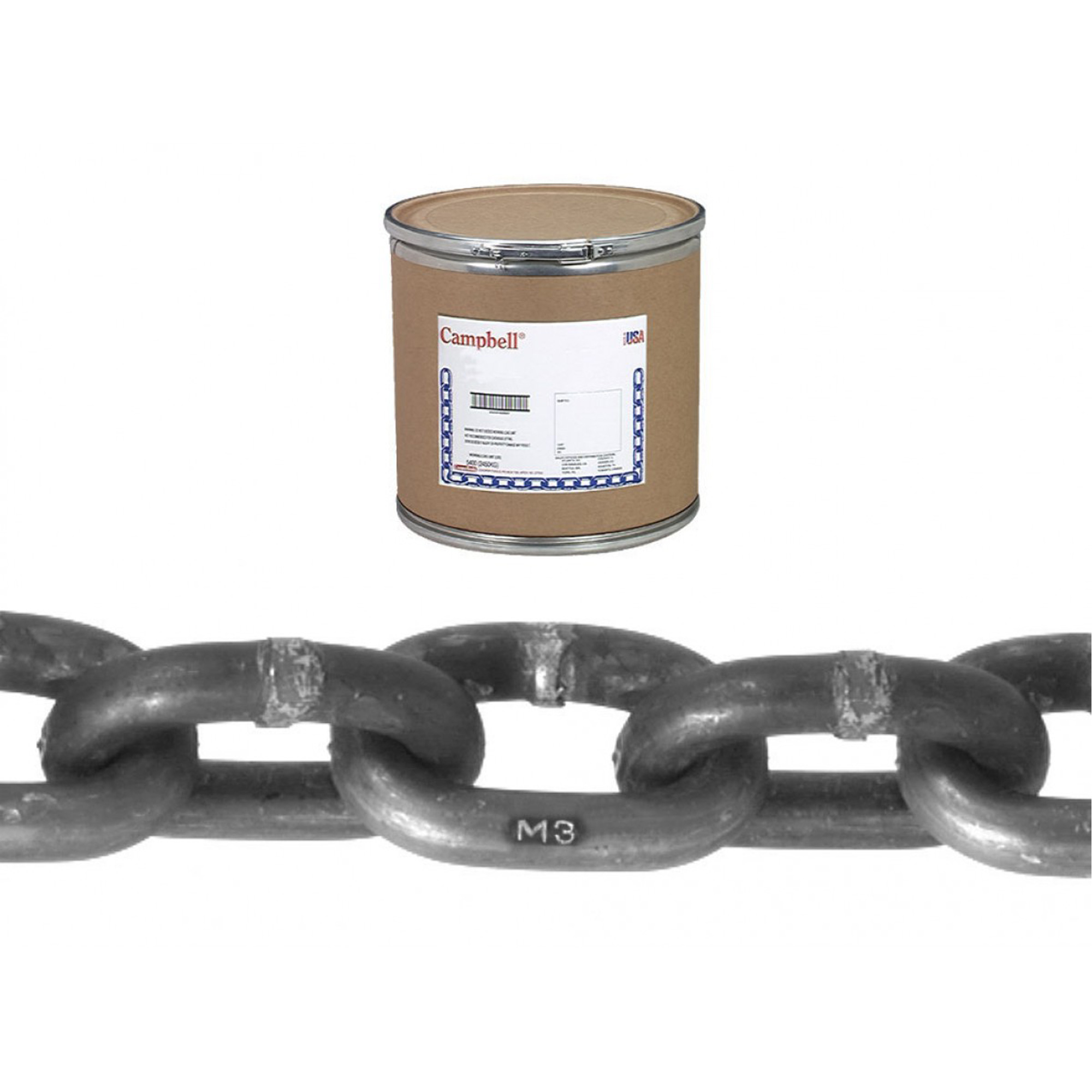 Chaîne ronde Proof CampbellMD, Acier à faible teneur en carbone, 1/4" x 400' (121,9 m) l, Calibre 30, Charge d'utilisation 1300 lb (0,65 tonne)