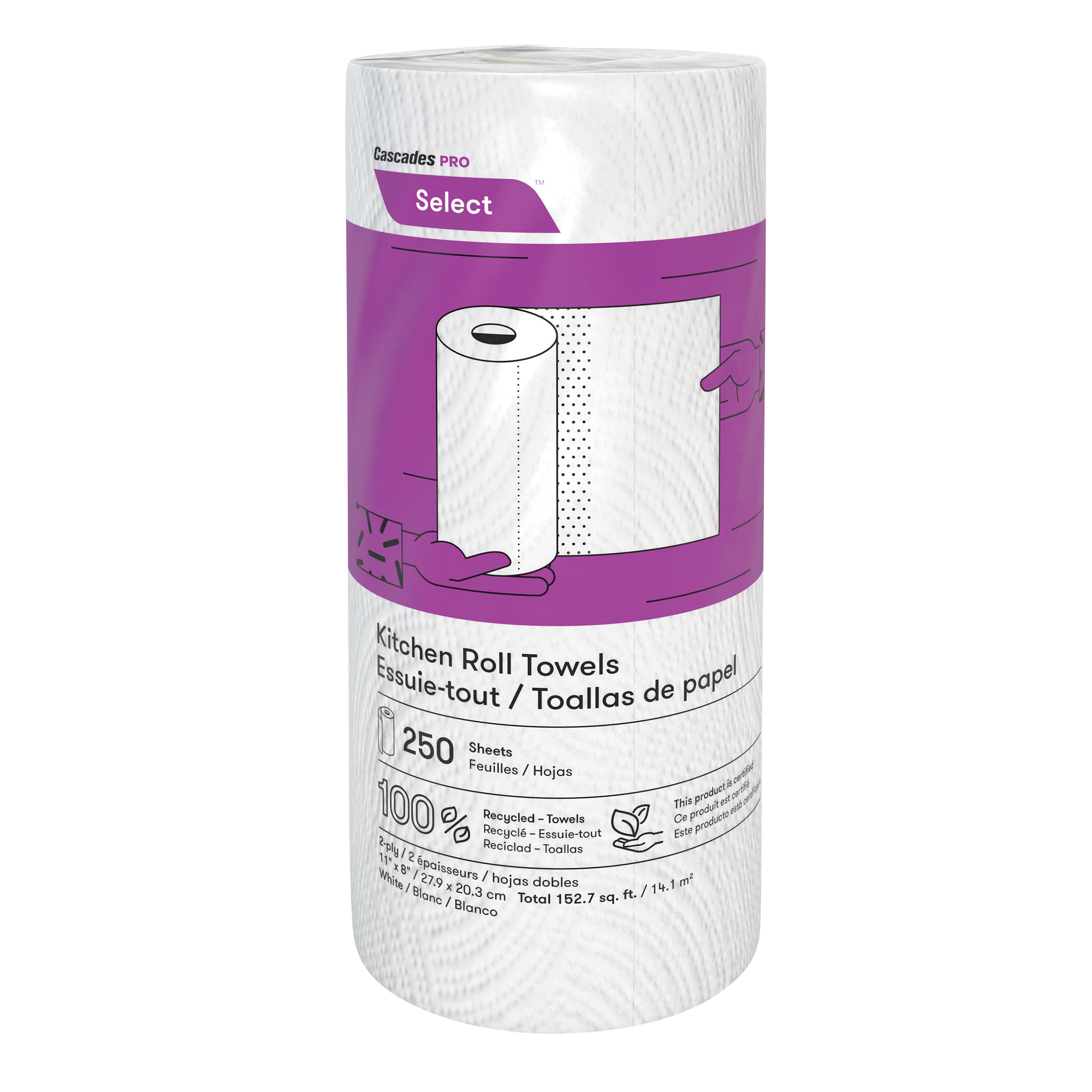 Rouleau d'essuie-tout de cuisine Pro SelectMC, 2 Pli, 250 Feuilles/rouleau, 8" la, 11" lo