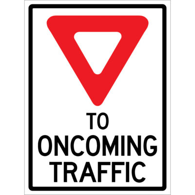 Enseigne enroulable de circulation « Yield to Oncoming Traffic », 36" x 48", Vinyle, Anglais avec pictogramme