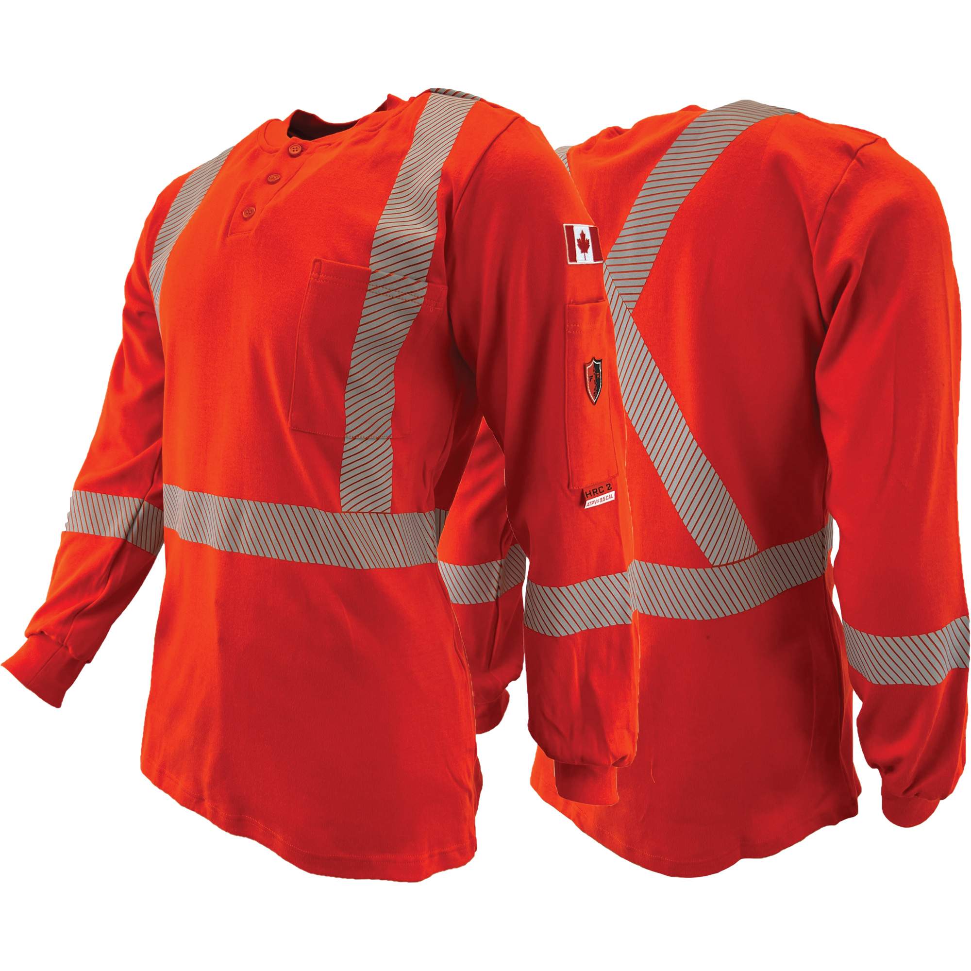 Chandail à manches longues ignifuge et résistant à l'arc électrique avec bandes de 2" Henley Atlas GuardianMD, T-Grand, Orange haute visibilité