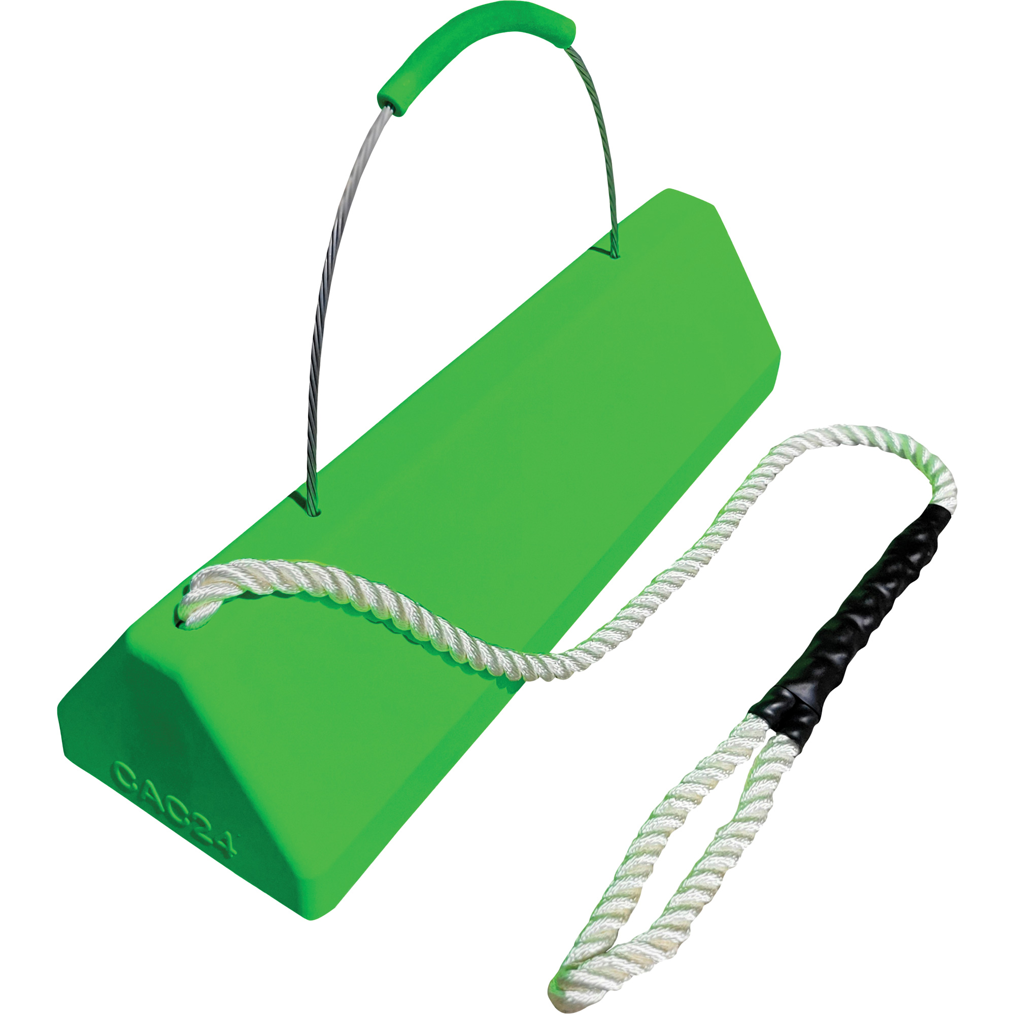Cale de roue pour avion Checkers SafetyMC SafeRayMC avec poignée à câble avec cordage en boucle, Uréthane, Vert fluorescent, 24" la x 8" p x 6" h