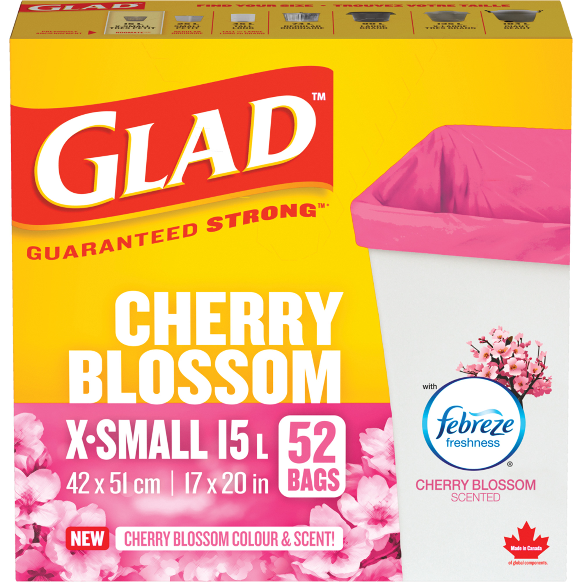 Sacs parfumés et de couleur fleur de cerisier de GladMD, Fort, 17" la x 20" lo, Rose, Capacité 15 L (3,96 gal)