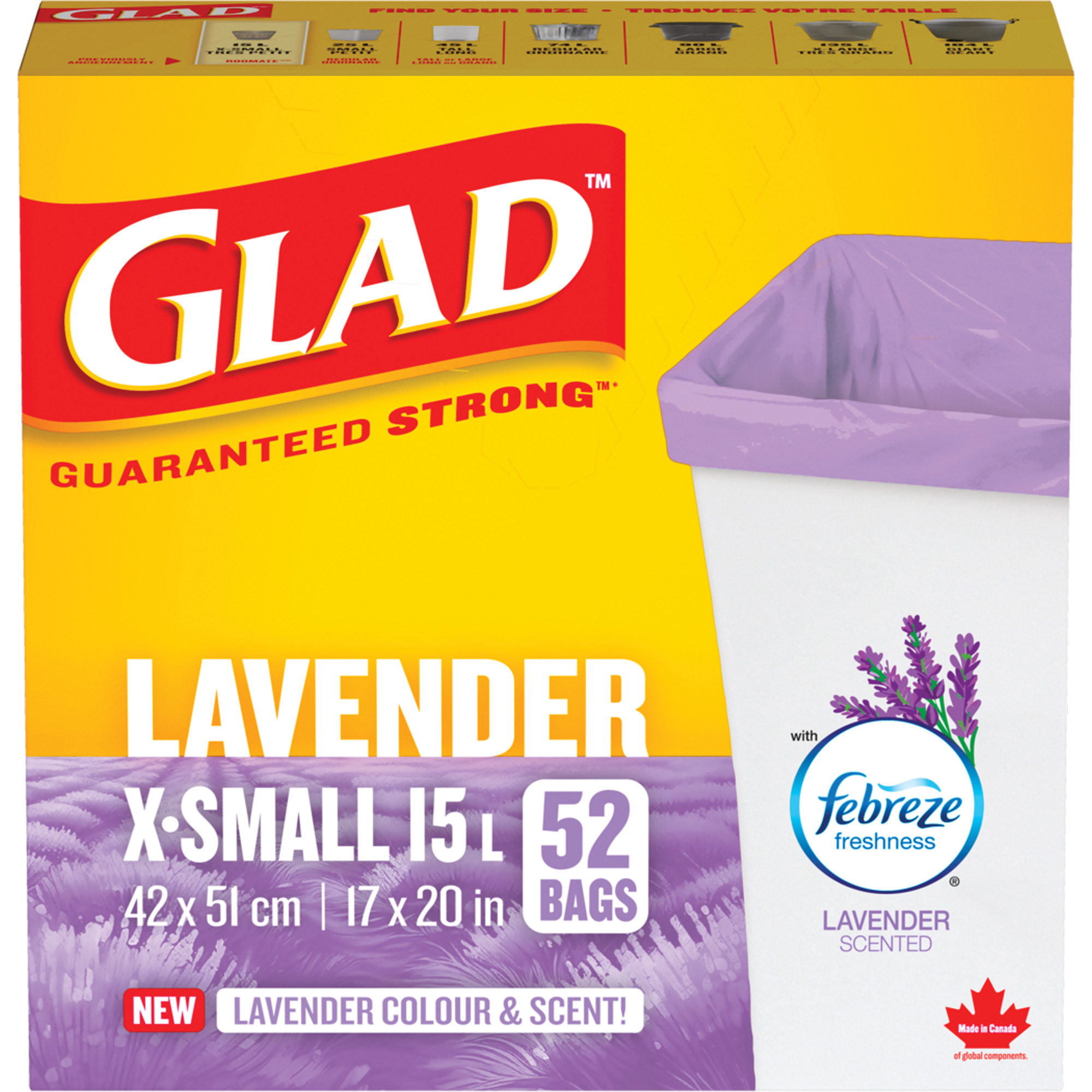 Sacs parfumés et de couleur lavande de GladMD, Fort, 17" la x 20" lo, Mauve, Capacité 15 L (3,96 gal)
