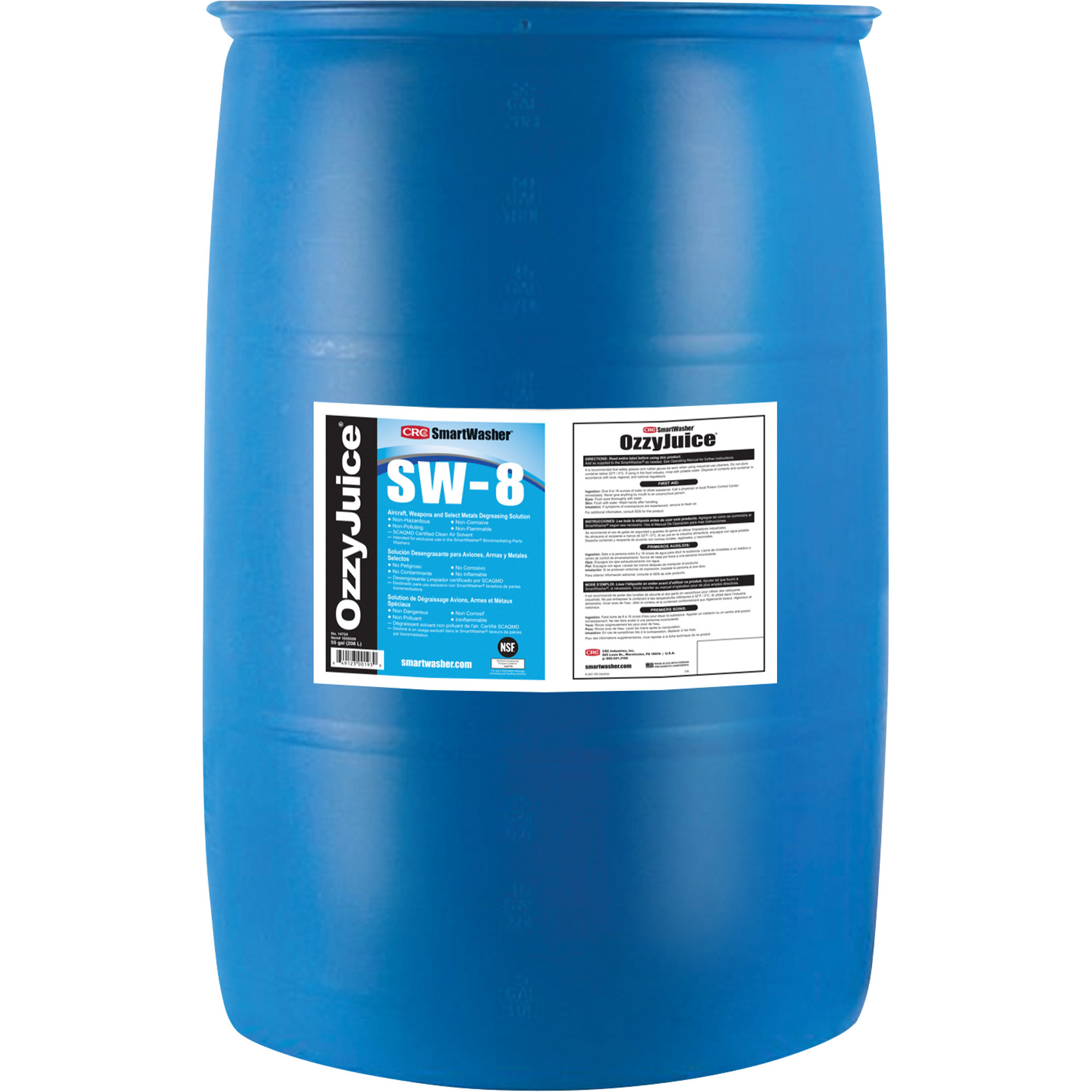 Produit dégraissant SmartWasher OzzyJuice SW-8 pour aéronefs, armes et une sélectin de métaux, Baril