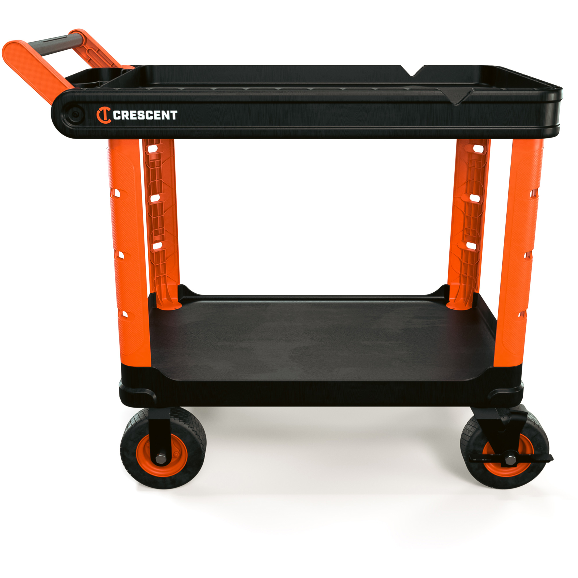 Chariot utilitaire industriel à 2 tablettes RAILWORKS avec roulettes de 8", 47" lo x 24-1/2" la x 37-4/5" h, Noir/Orange