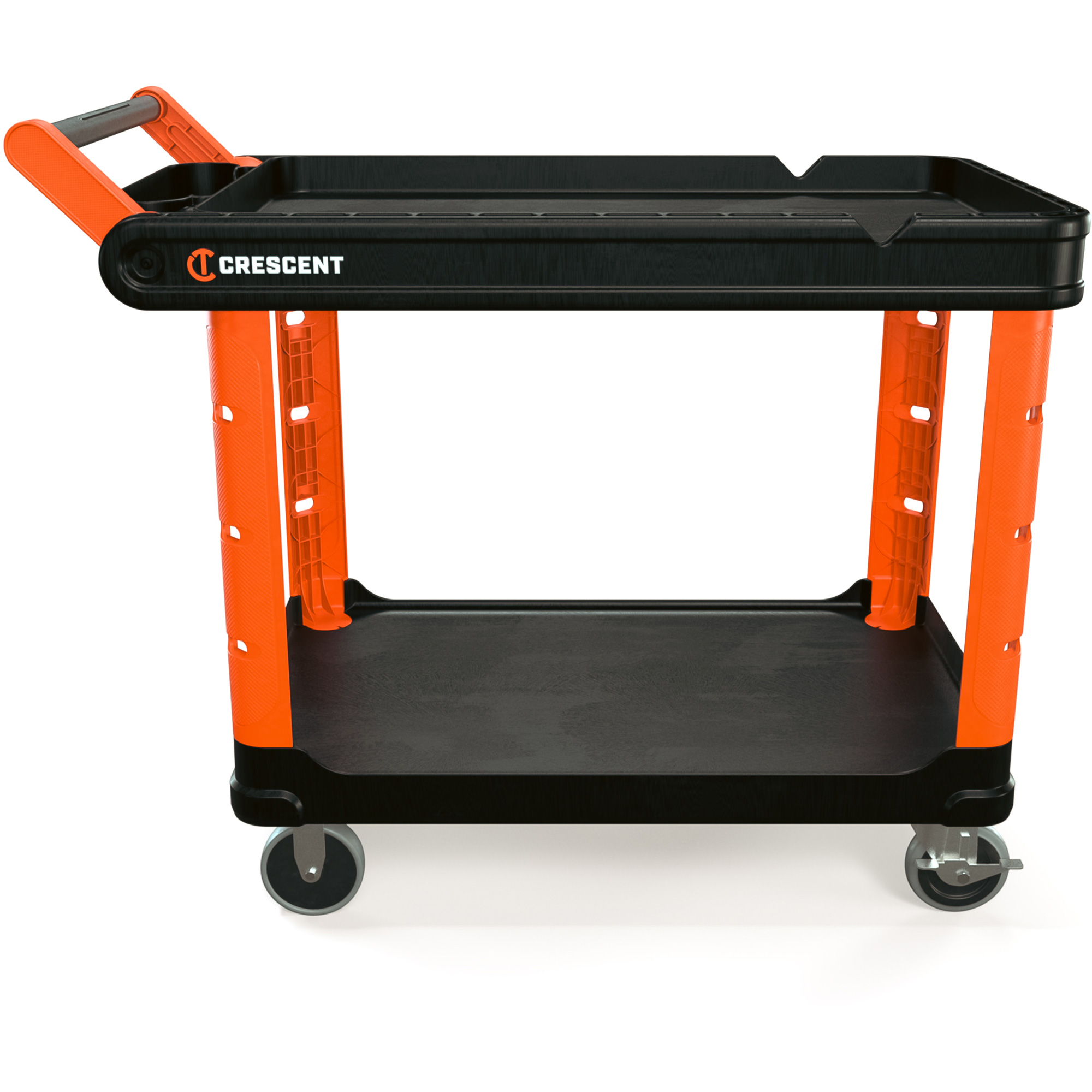 Chariot utilitaire industriel à 2 tablettes RAILWORKS avec roulettes dures de 5", 47" lo x 24-1/2" la x 34" h, Noir/Orange