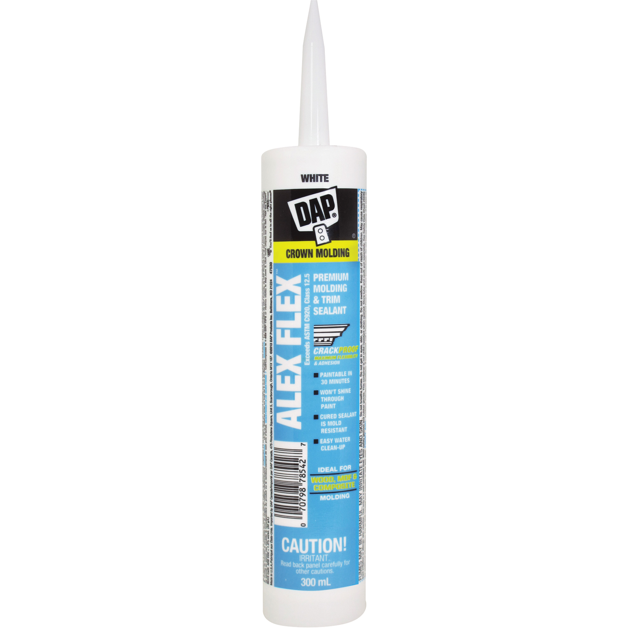 Scellant de silicone, acrylique et latex de qualité supérieure pour moulures et garnitures Alex FlexMD, 300 ml, Cartouche, Blanc