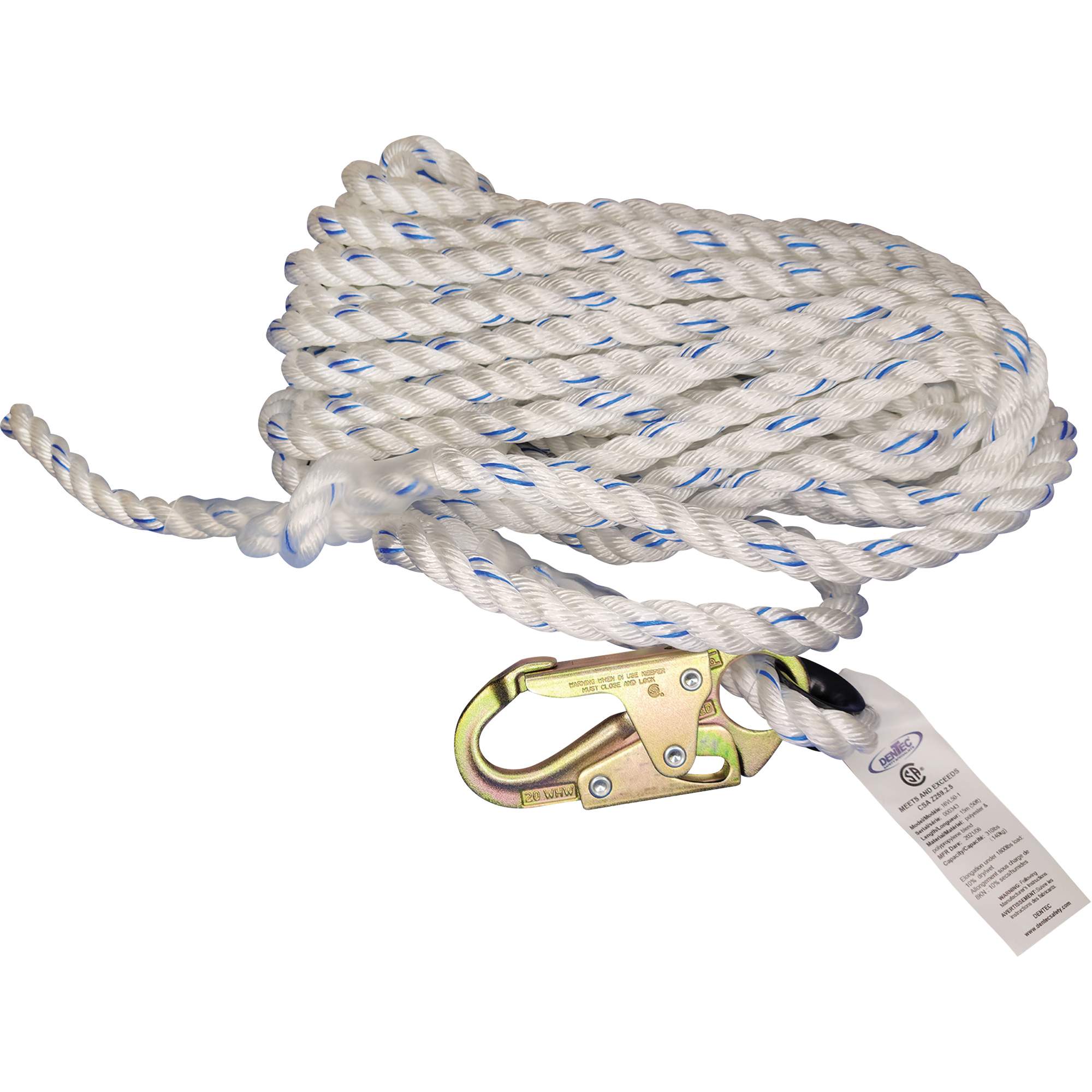 Cordage de sécurité verticale avec mousqueton de 3/4" et cosse cœur