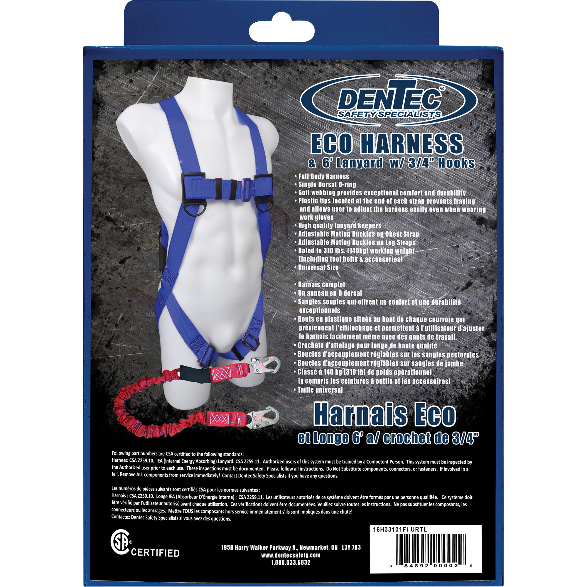Harnais Eco avec longe, Certifiée CSA, Classe A, Cap. 310 lb