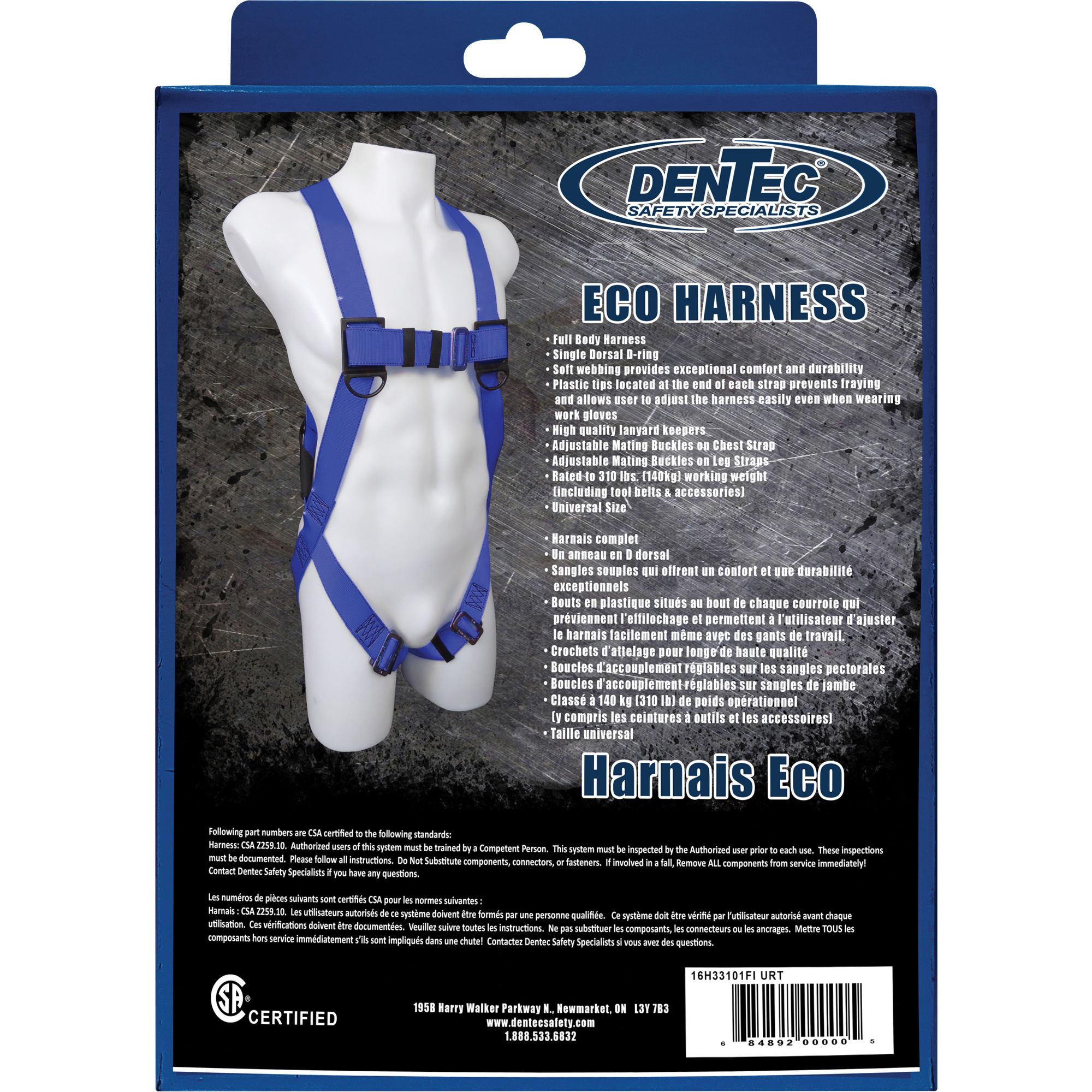Harnais Eco, Certifiée CSA, Classe A, Cap. 310 lb