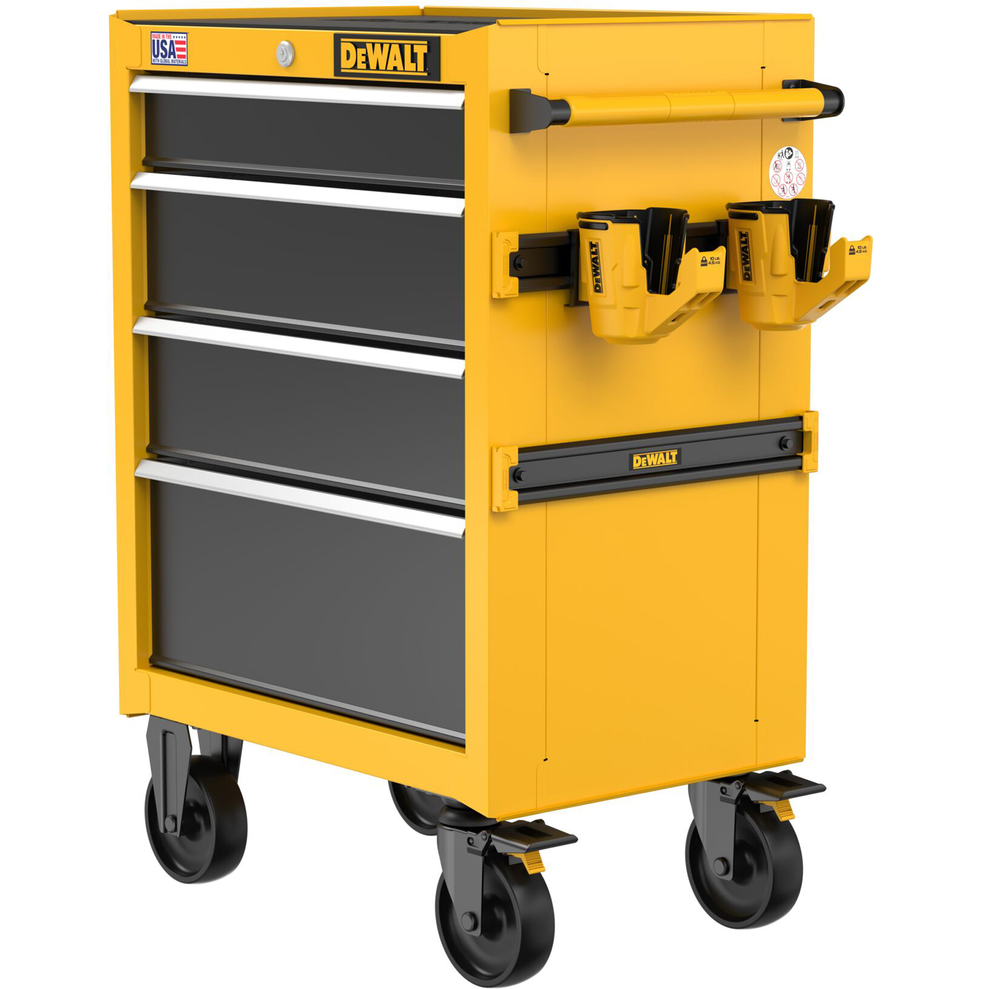 Coffre à outil roulant robuste, 4 tiroirs, 26" la x Jaune