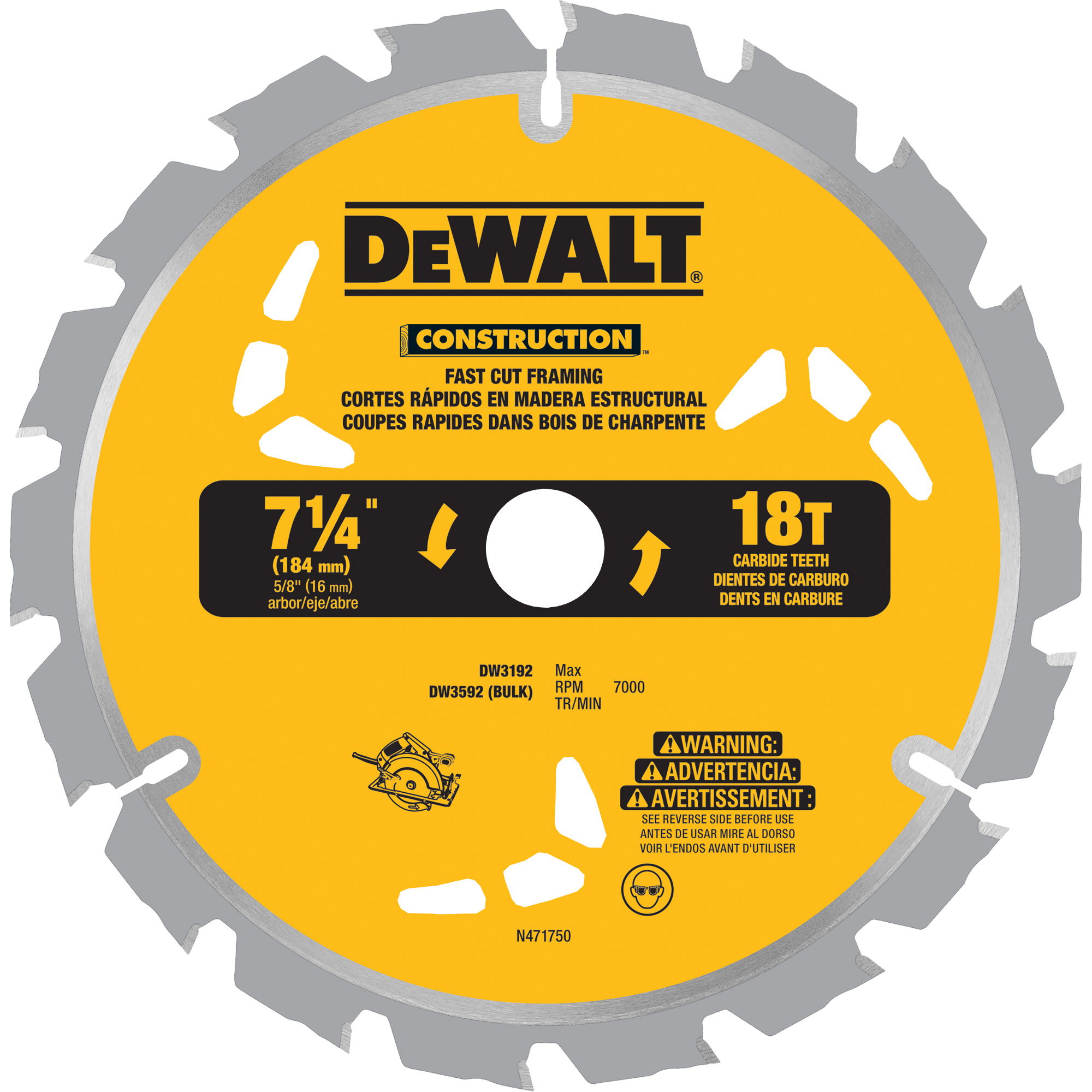 Lame de scie à pointes au carbure pour coupe rapide, 7-1/4", 18 dents, Pour Bois