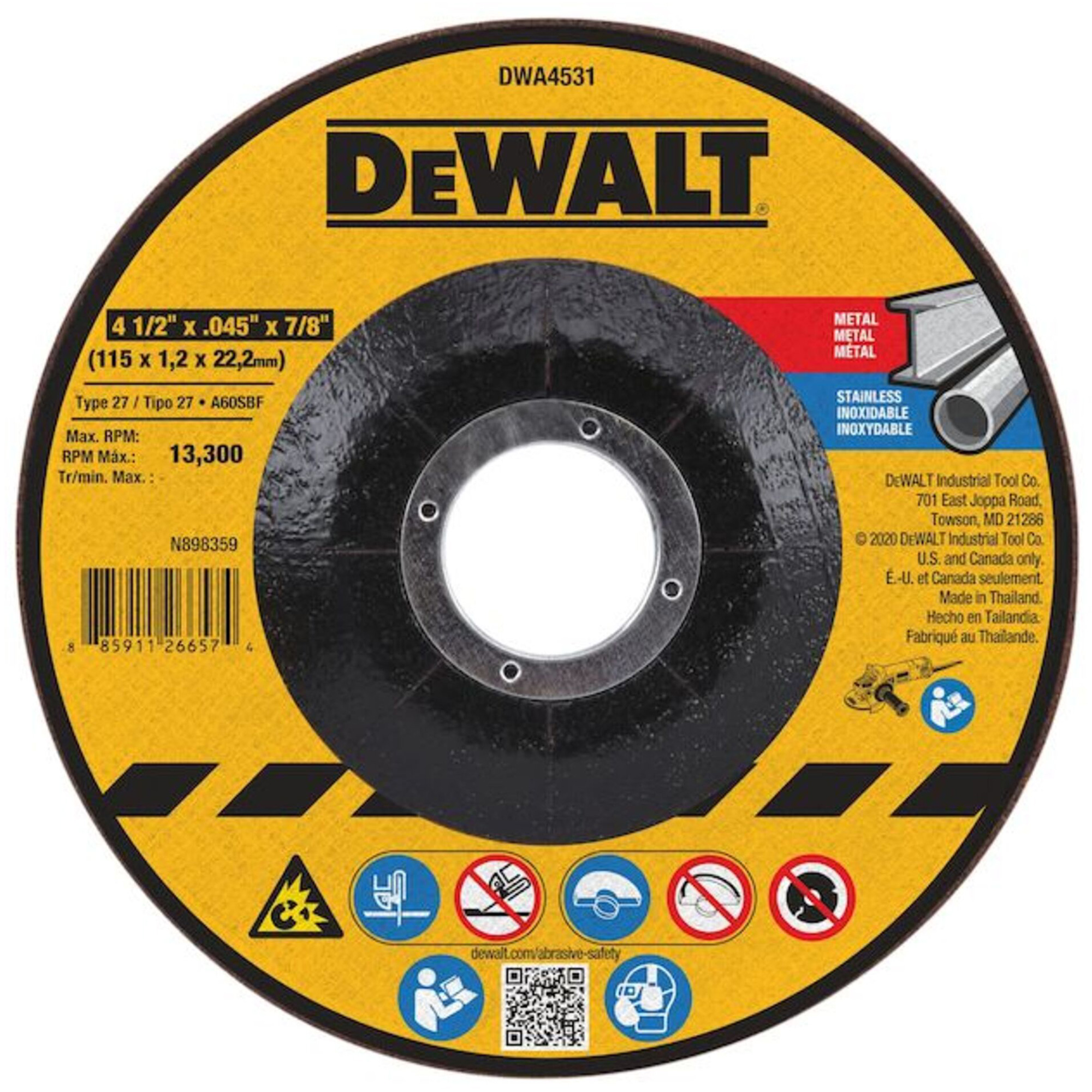 Meule à tronçonner pour métal, 4-1/2" x 0,045", Arbre de 7/8", Type 27, Oxyde d'aluminium
